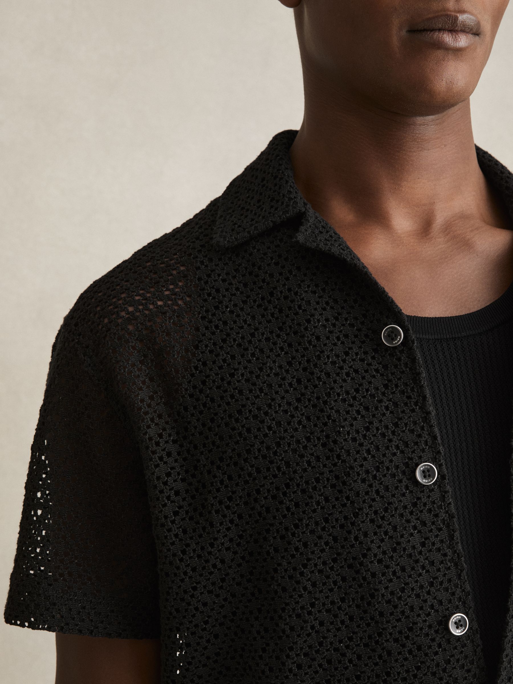 Crochet Cuban Collar Shirt in Black