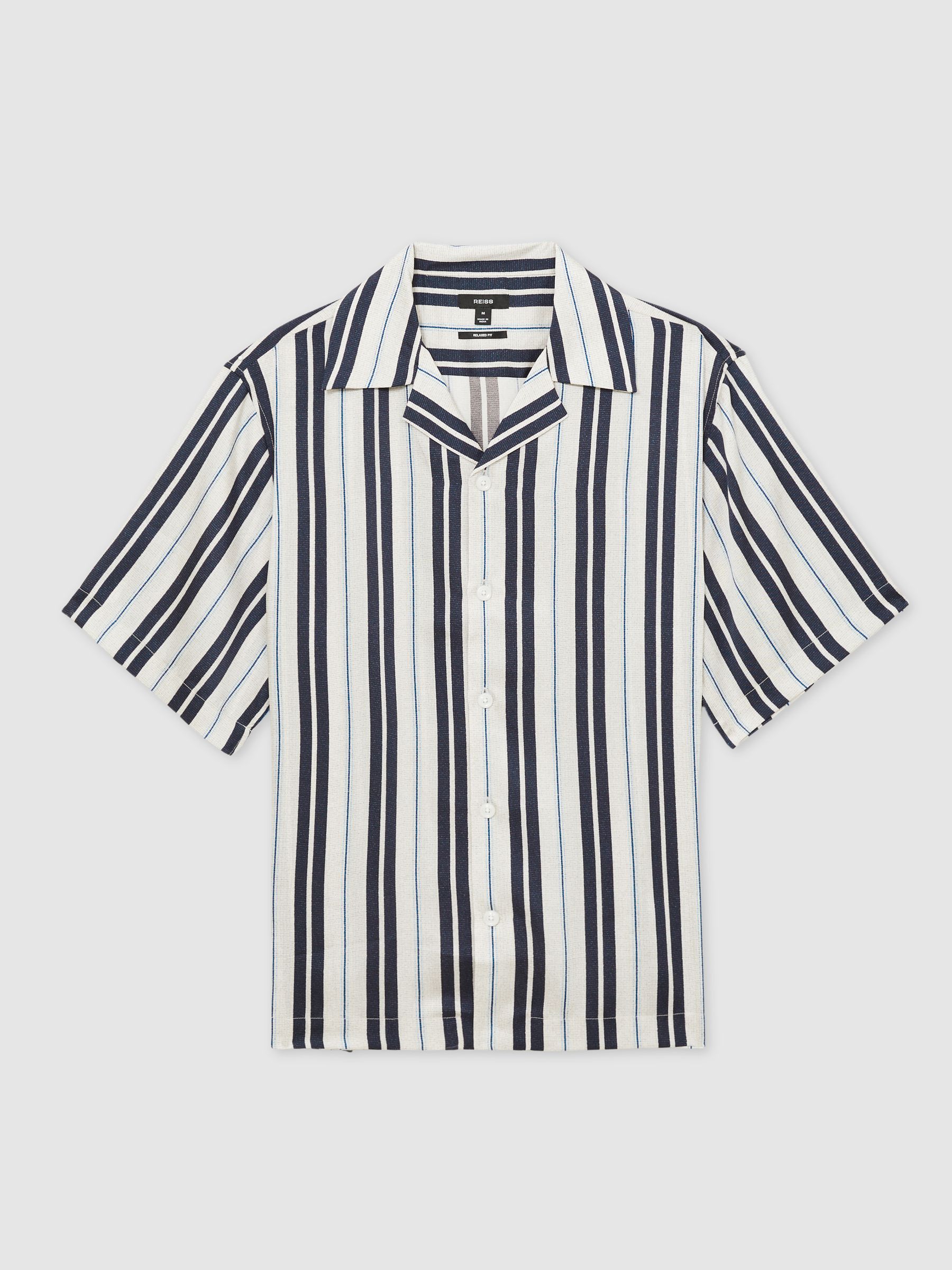Wide-Stripe Cuban-Collar Shirt in White/Navy