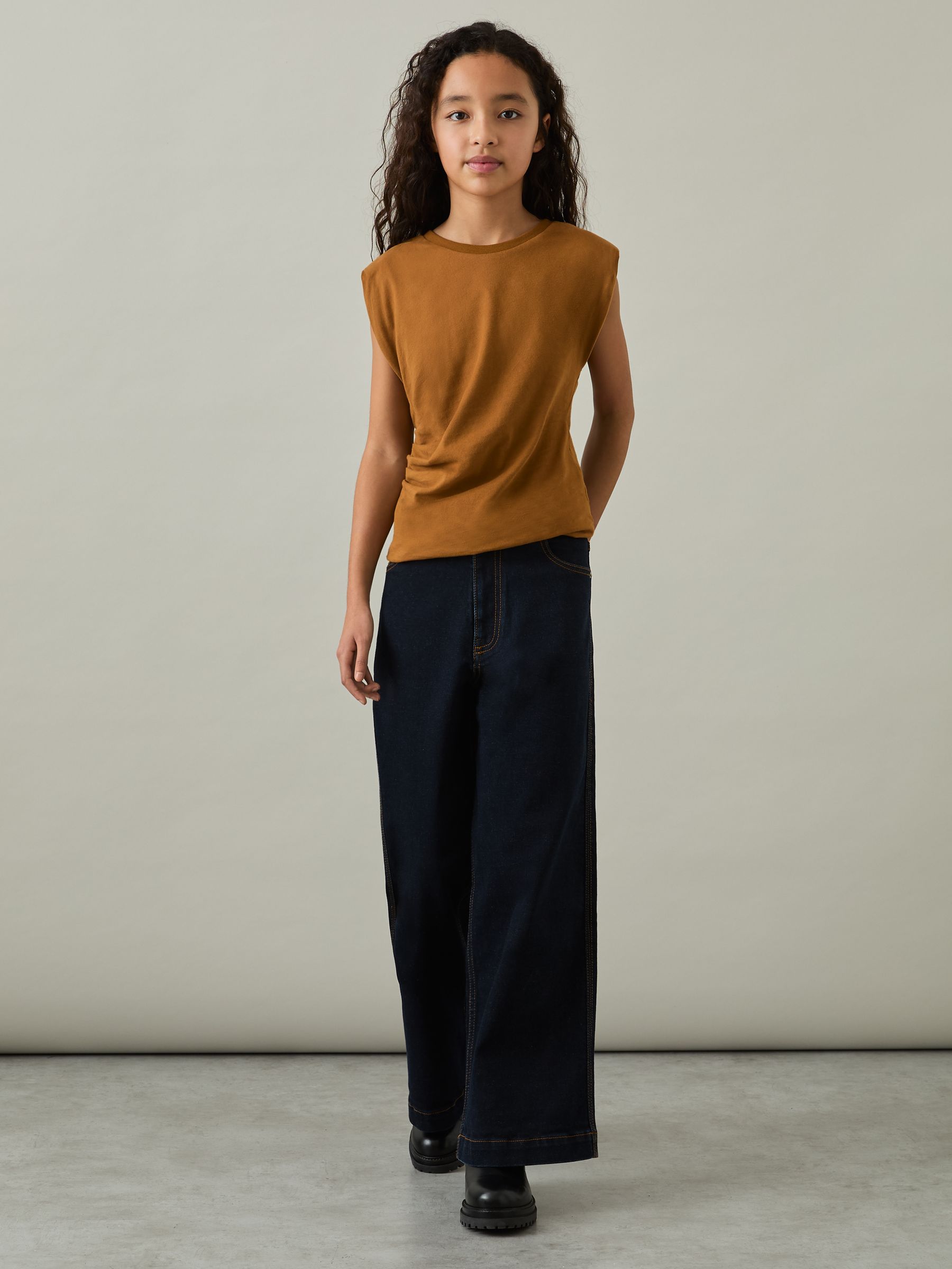 4-9 yrs Cotton-Jersey Cap-Sleeve Ruched Top in Tan