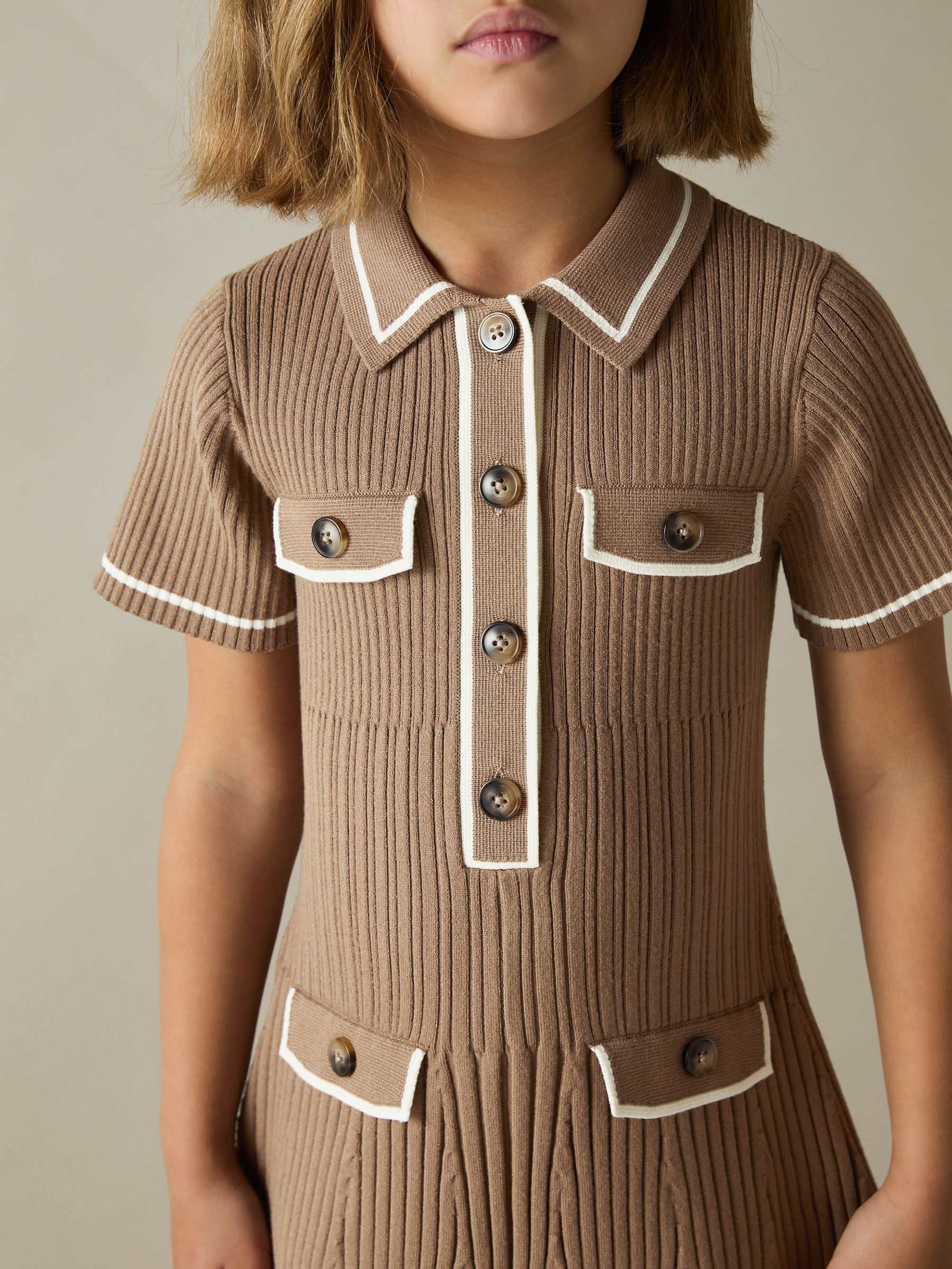 9-13 yrs Rib-Knit Button-Down Dress in Brown