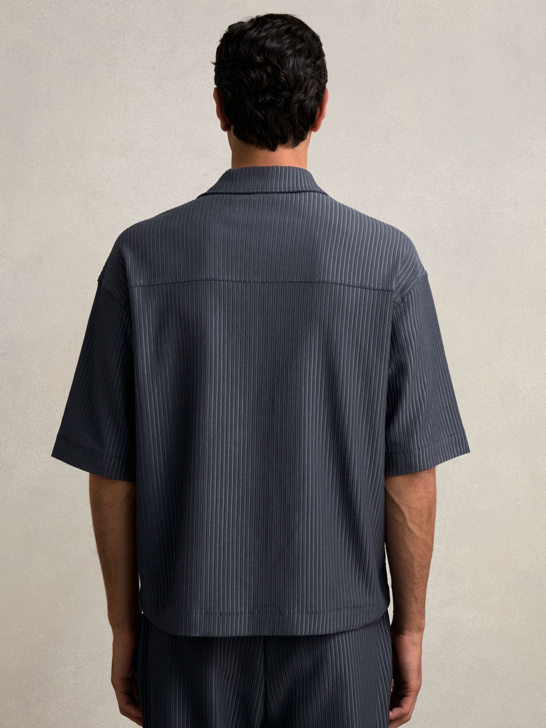 Oversized Textured Stripe Polo Shirt in Petrol Blue