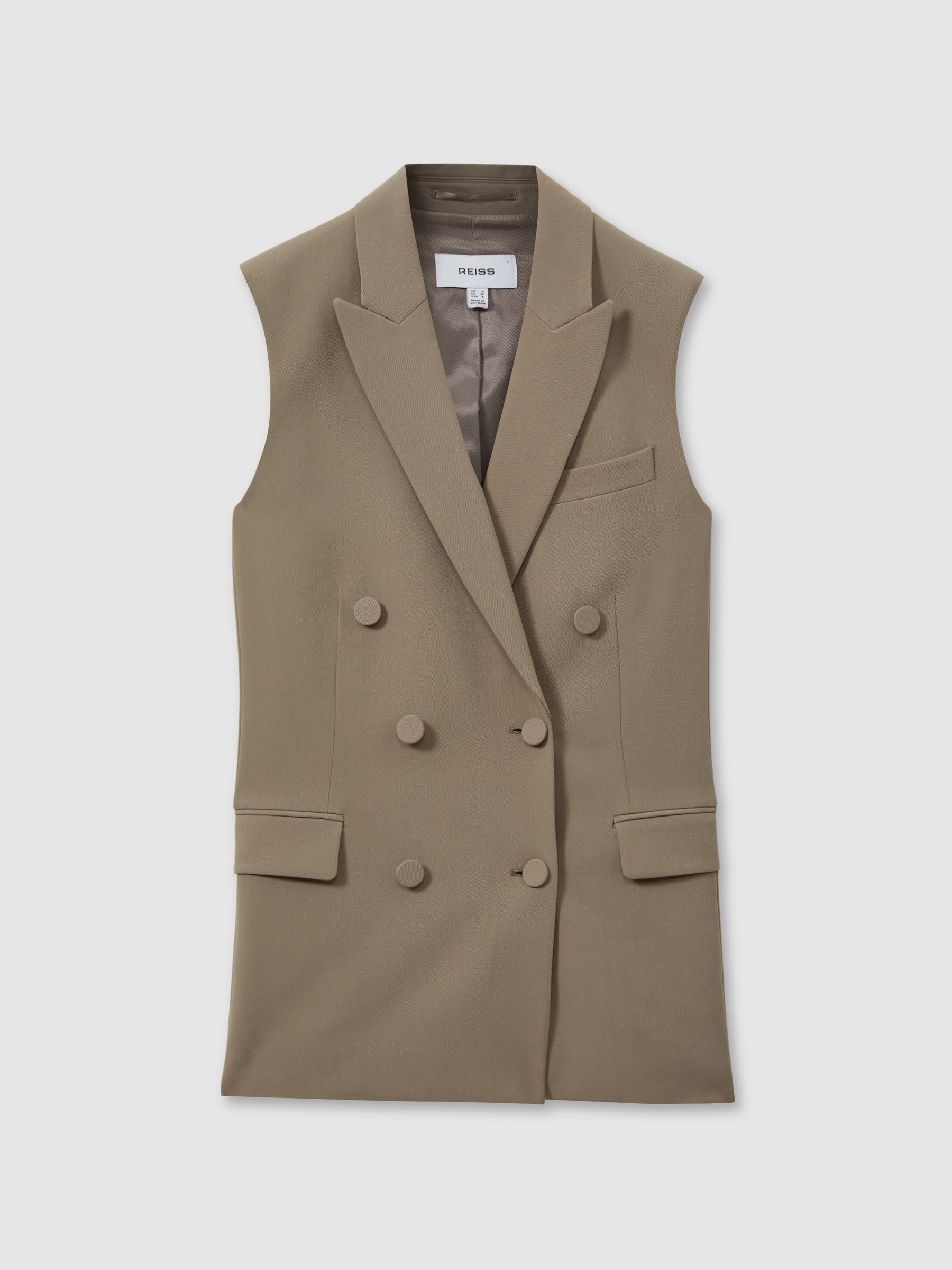 Double Breasted Longline Suit Waistcoat in Khaki