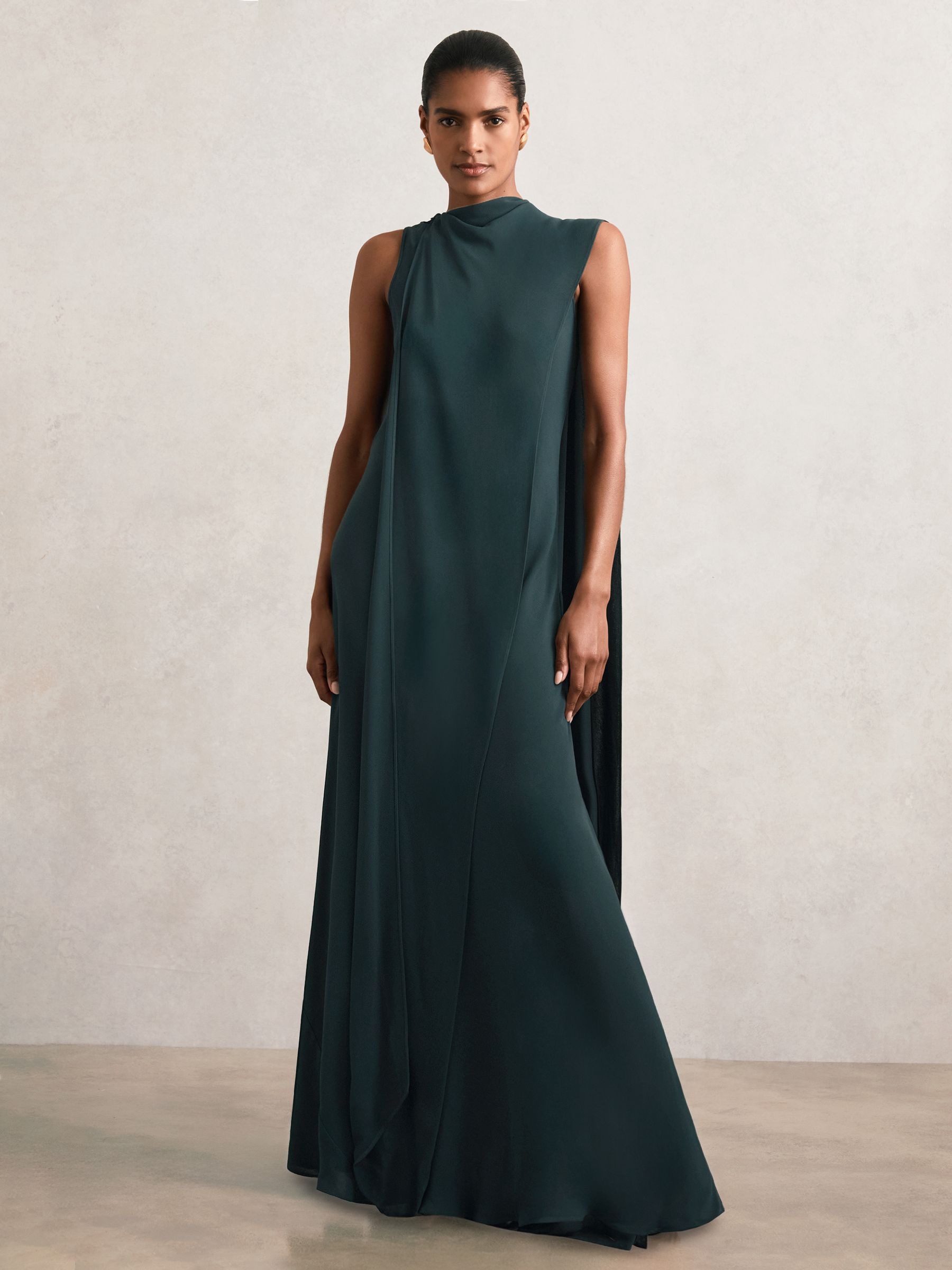 Crepe Cape Maxi Dress in Teal Green