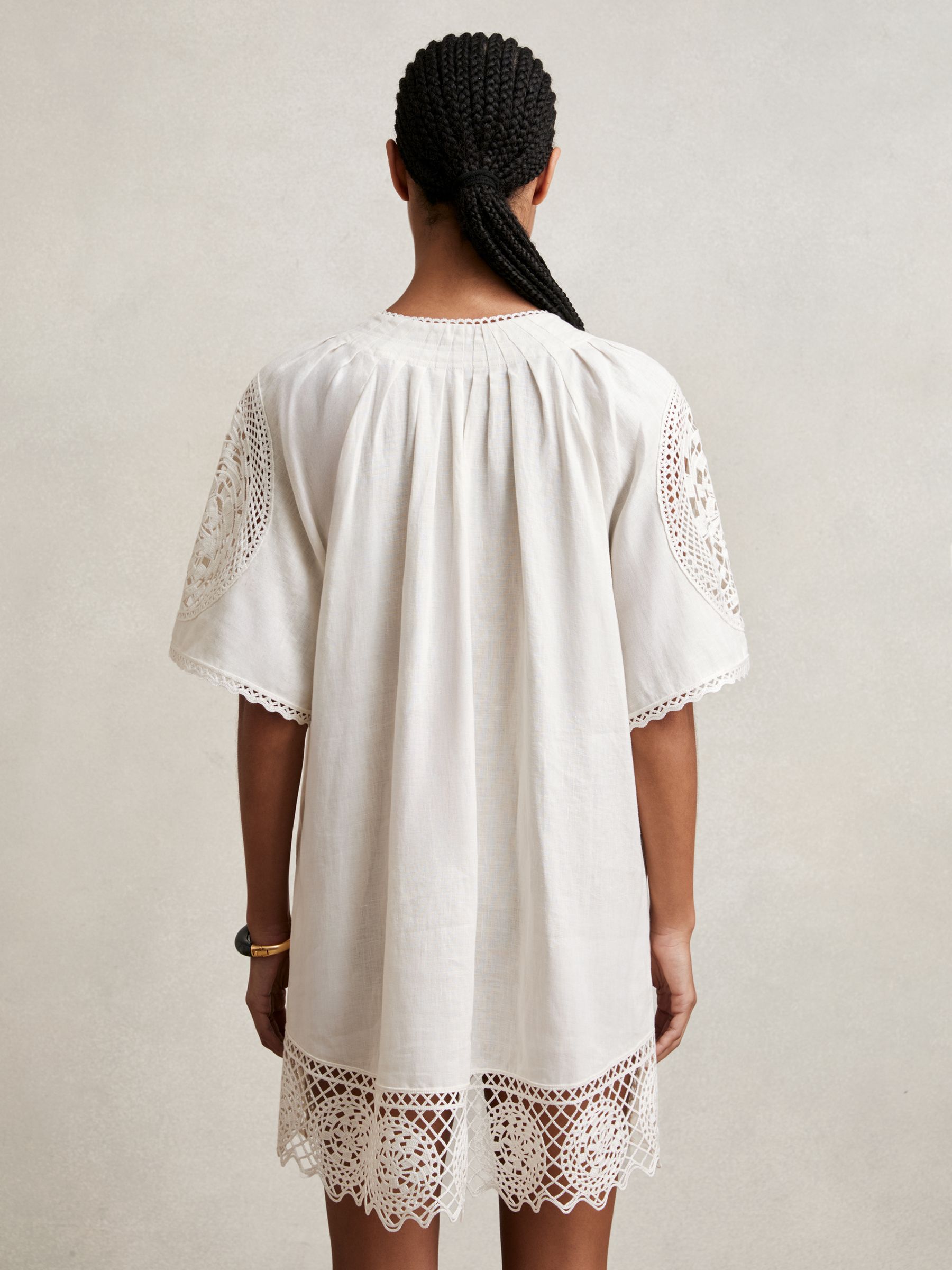 Linen Embroidered Shift Dress in Ivory