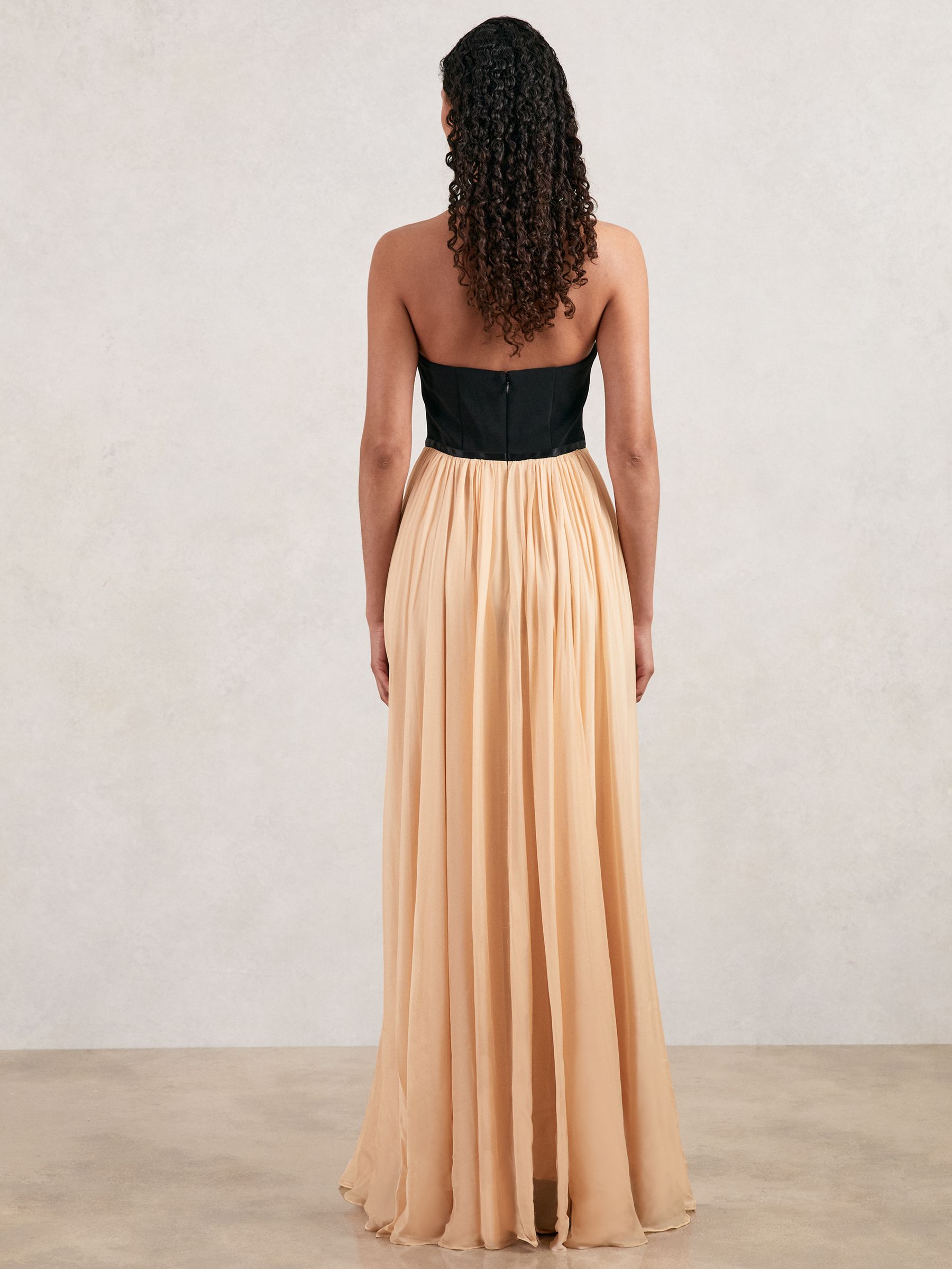 Halston Crepe and Chiffon Maxi Dress in Black/Ivory