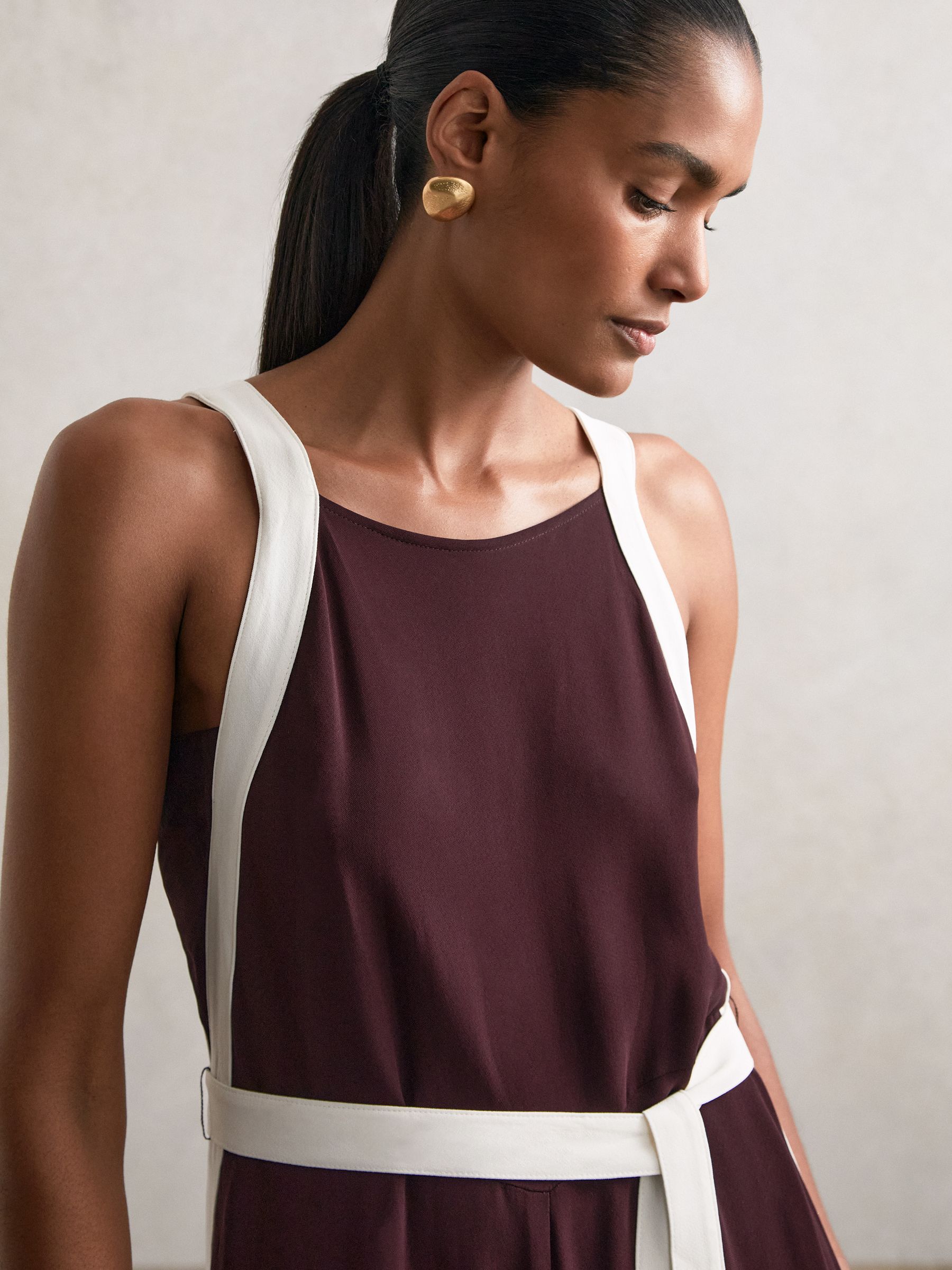 Petite Colourblock Wide Leg Belted Jumpsuit in Burgundy/Cream