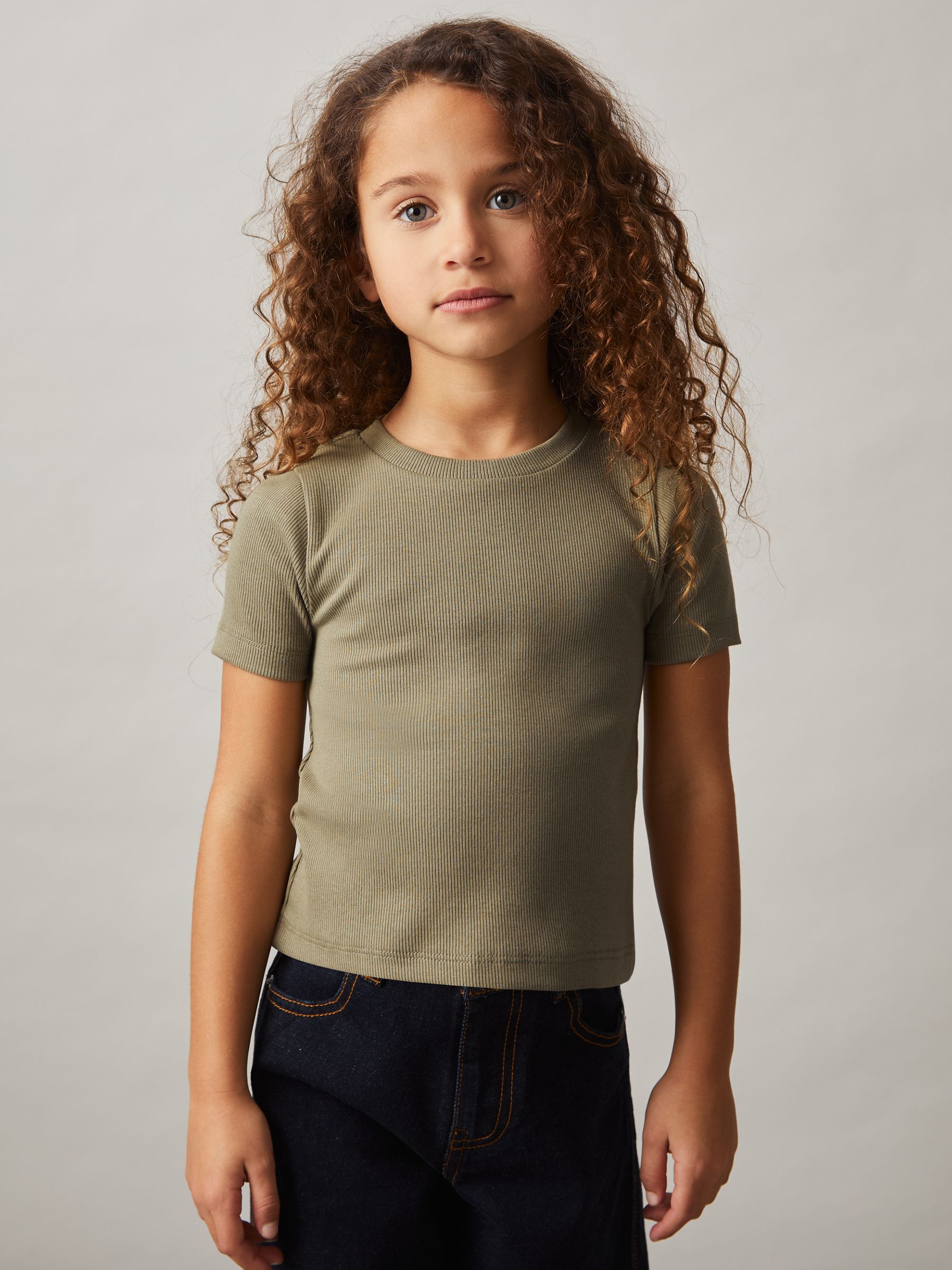 4-9 yrs Cotton-Jersey Ribbed Short-Sleeve T-Shirt in Khaki