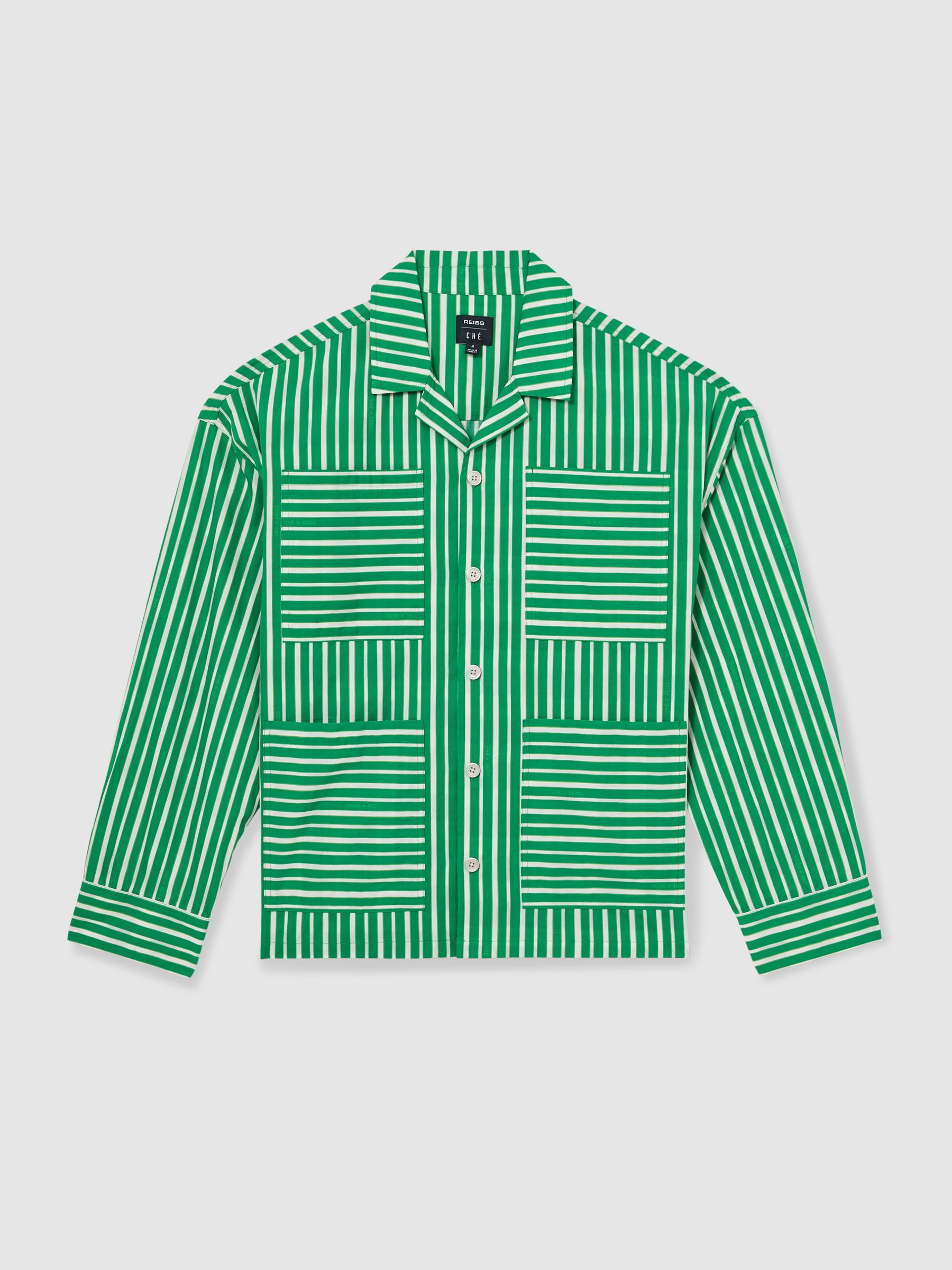 Reiss | Ché Poplin Stripe Pocket Shirt in Bright Green/White