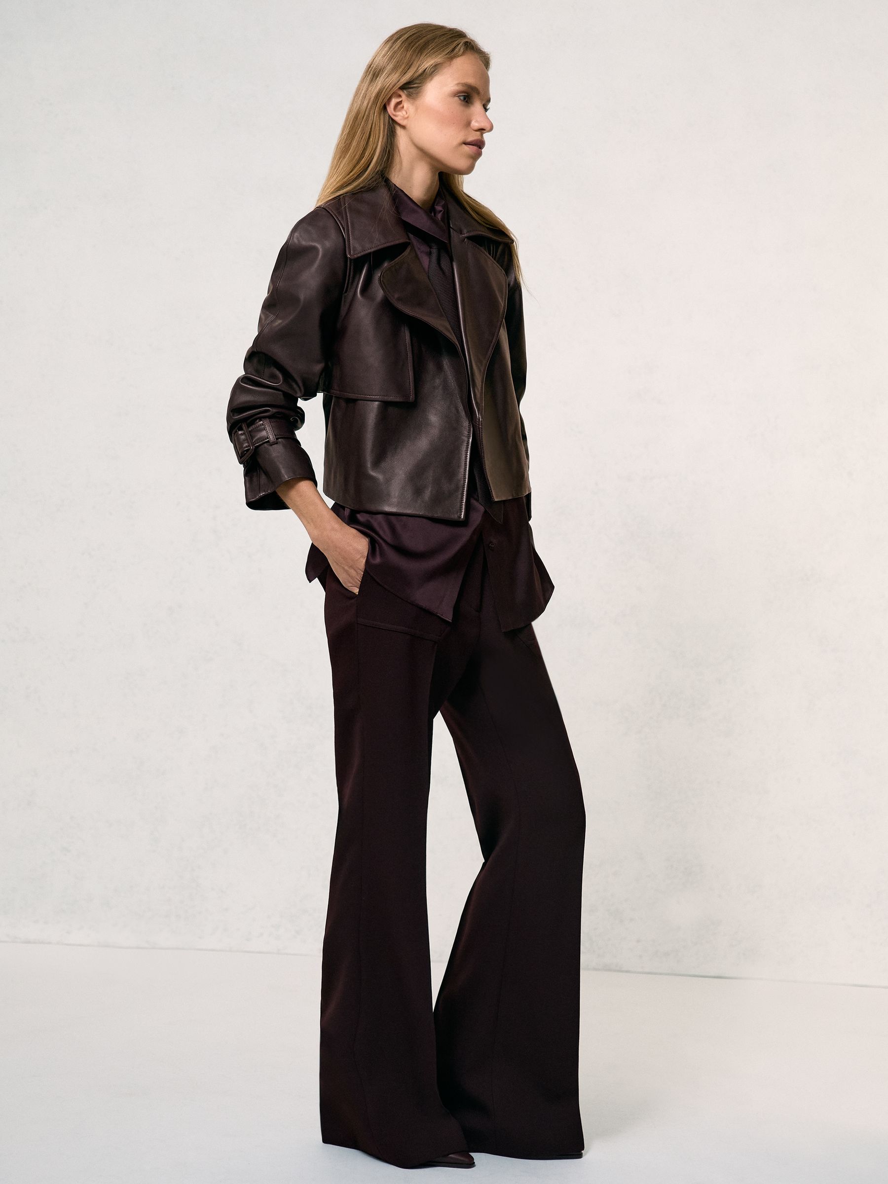 Leather Cropped Trench Jacket in Oxblood Burgundy