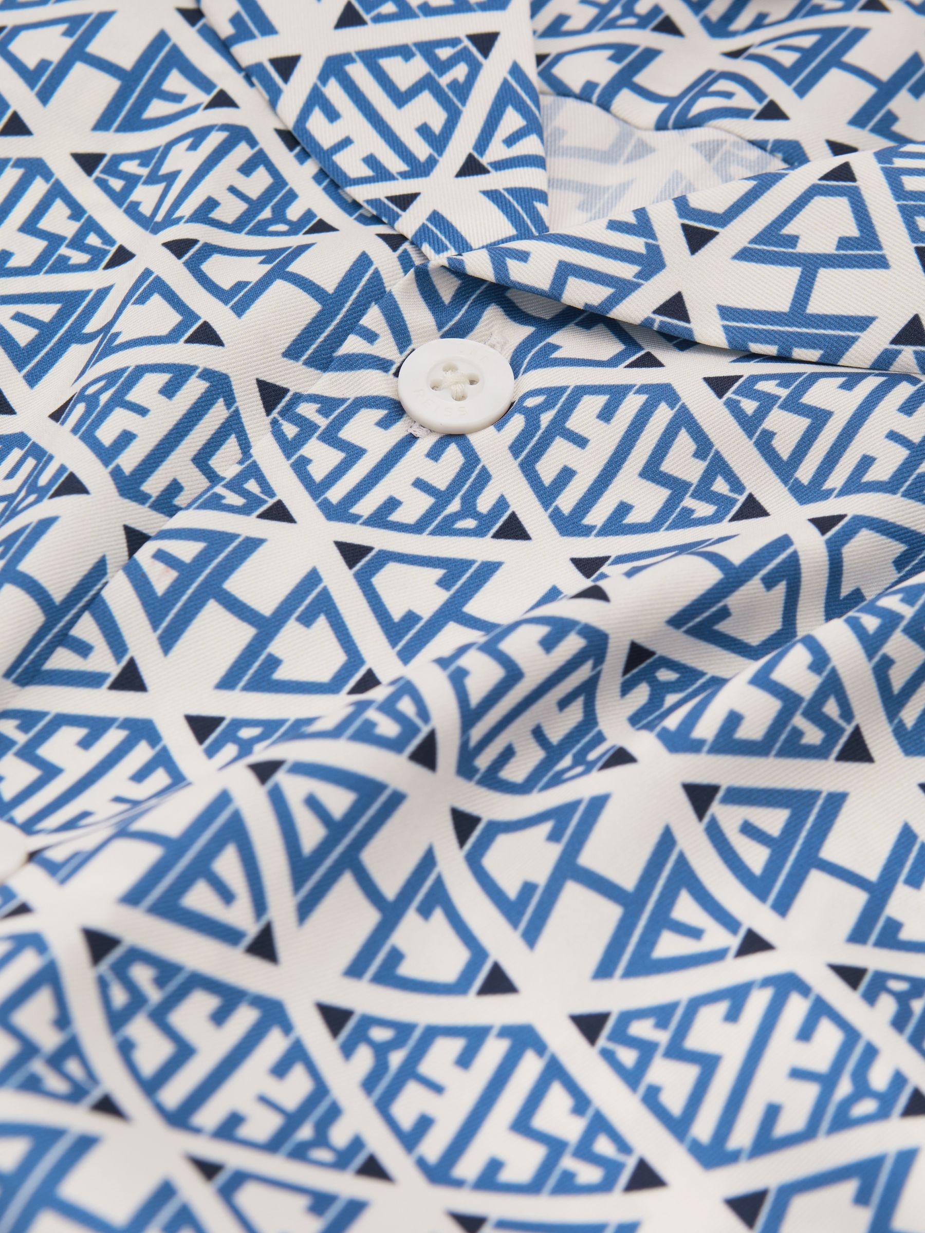 Reiss | Ché Monogram Print Cuff Detail Cuban Collar Shirt in Bright Blue/White