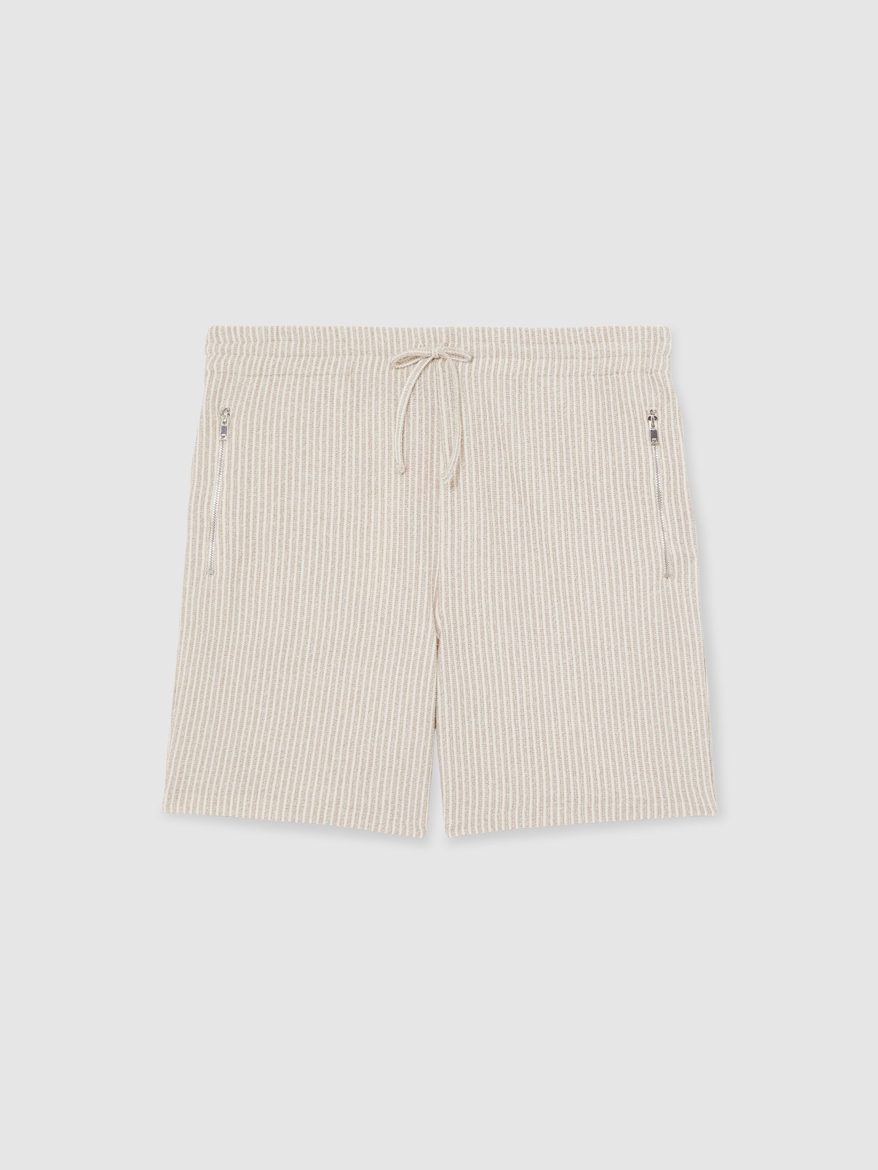 Cotton-Blend Stripe Drawstring Shorts in Ecru/Taupe Brown