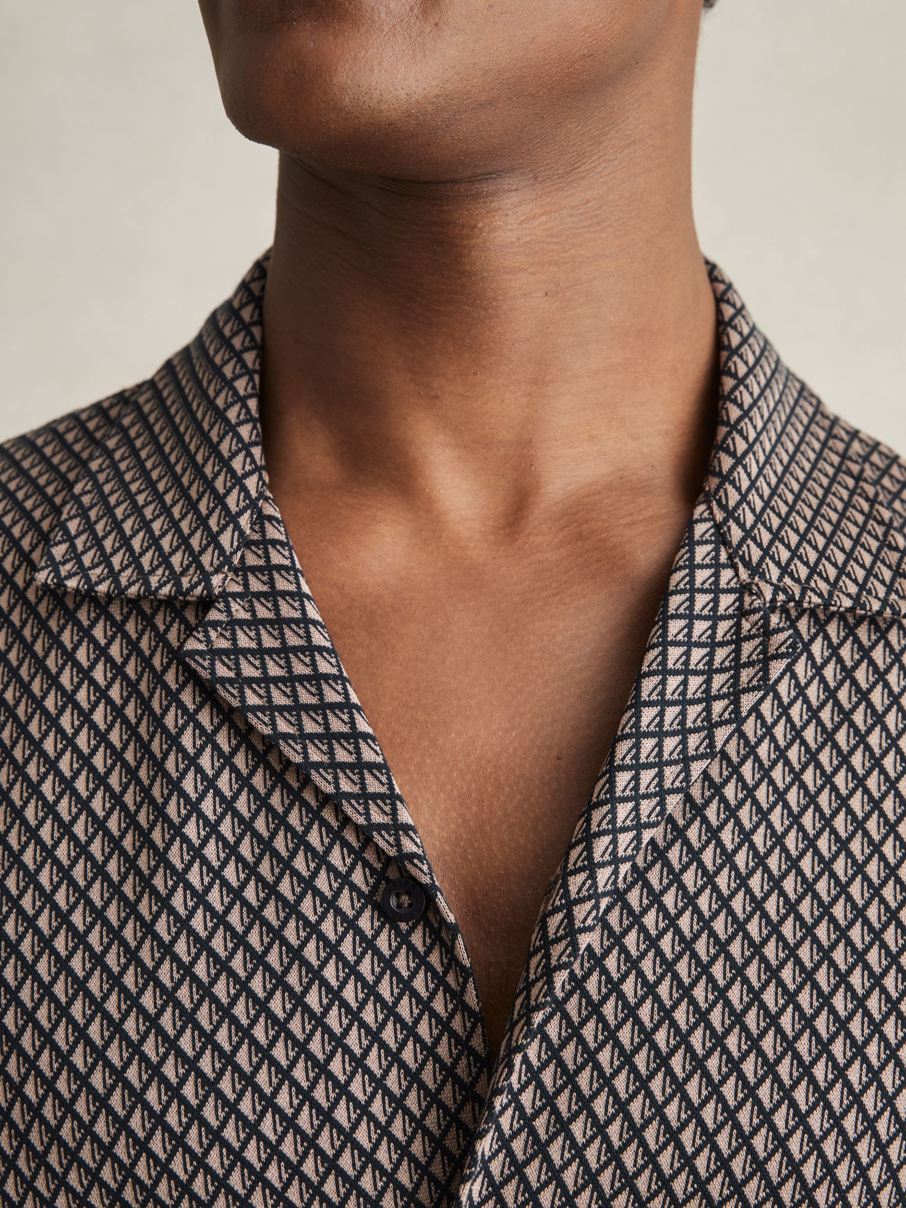Geometric Jacquard Cuban-Collar Shirt in Tobacco Brown/Navy