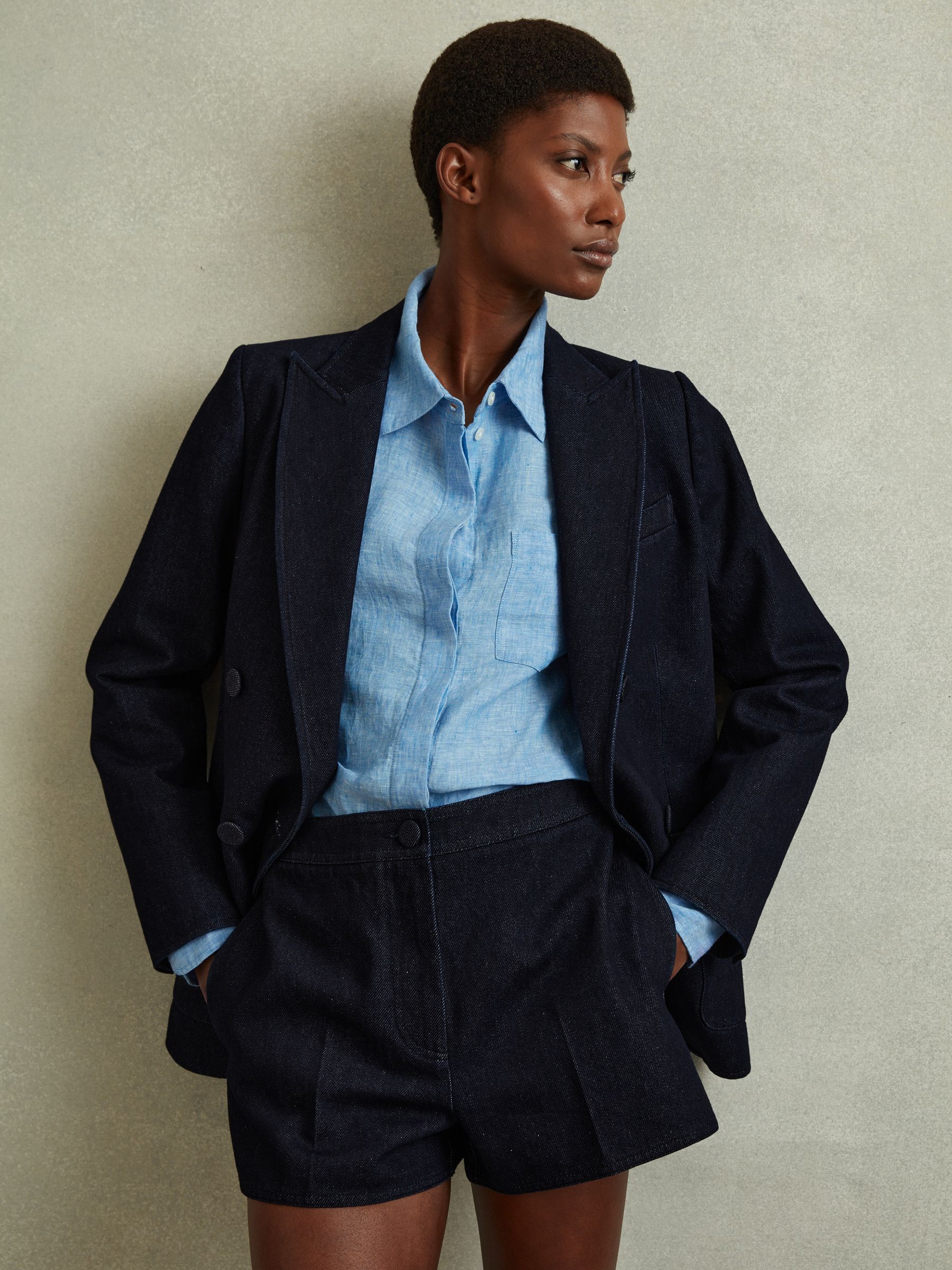 High-Rise Denim Suit Shorts in Dark Blue