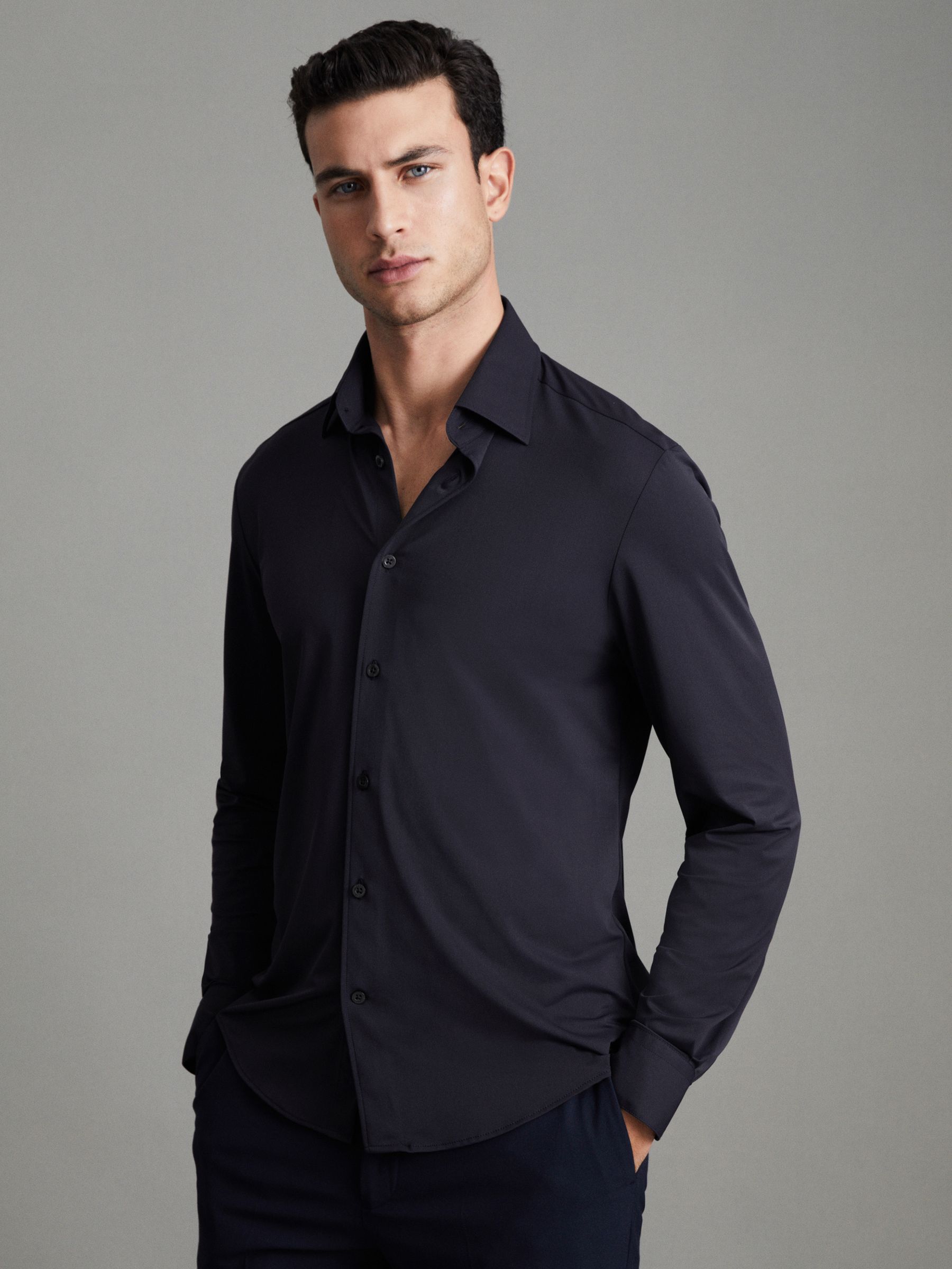 Regular Fit Button-Through Travel Shirt in Navy