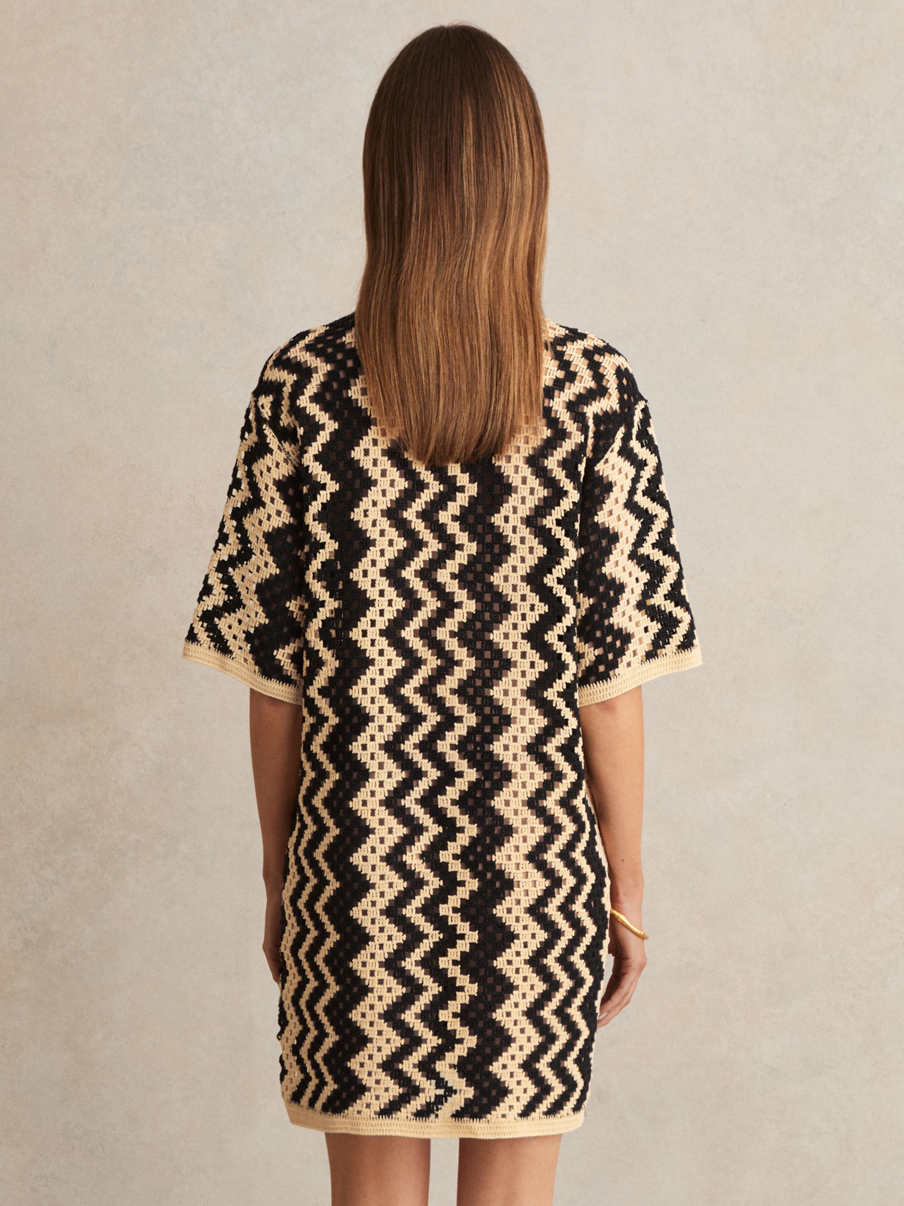 Cotton Blend Patterned Crochet Dress in Black/Cream