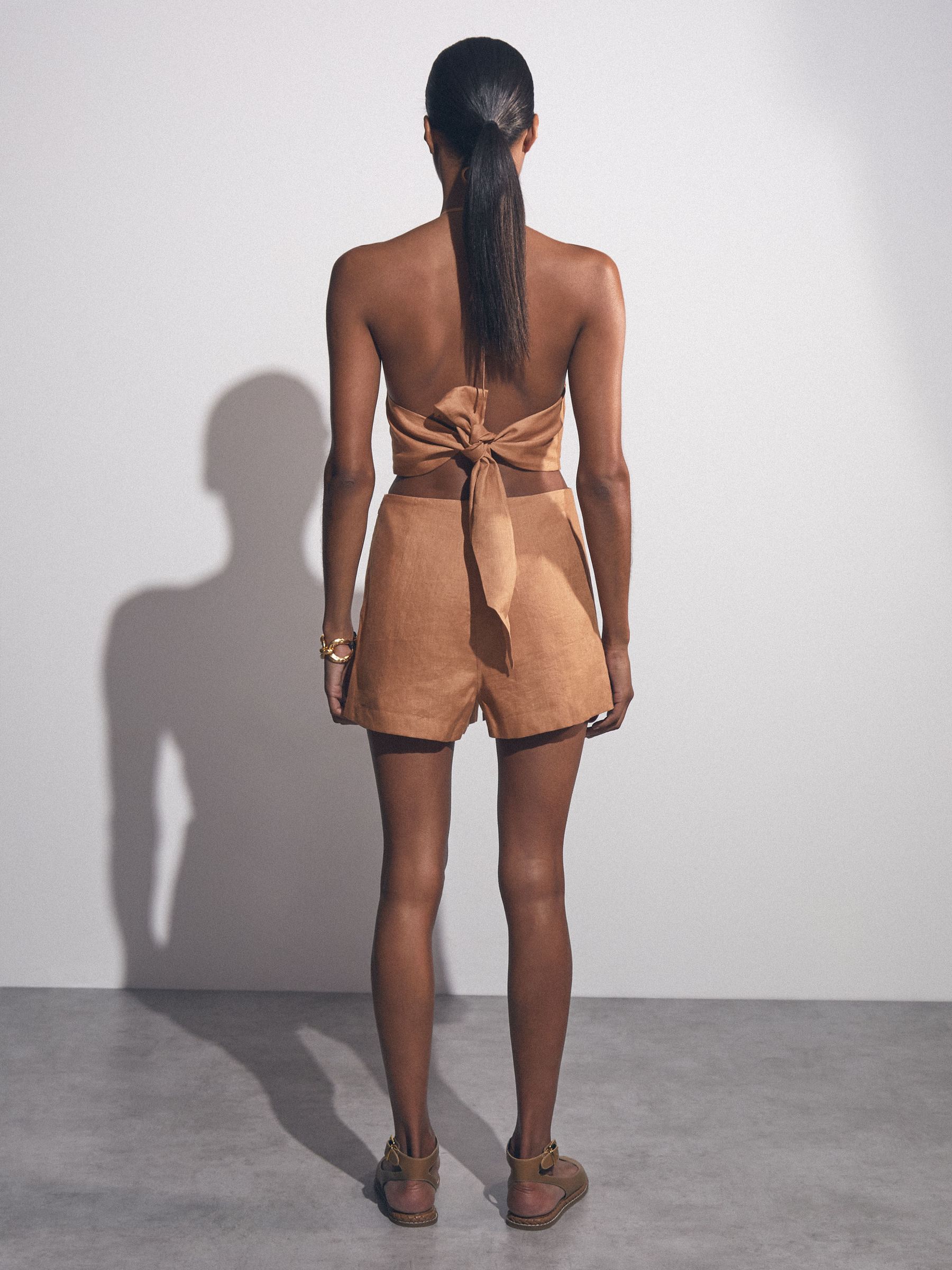Linen Halterneck Cut Out Playsuit in Brown