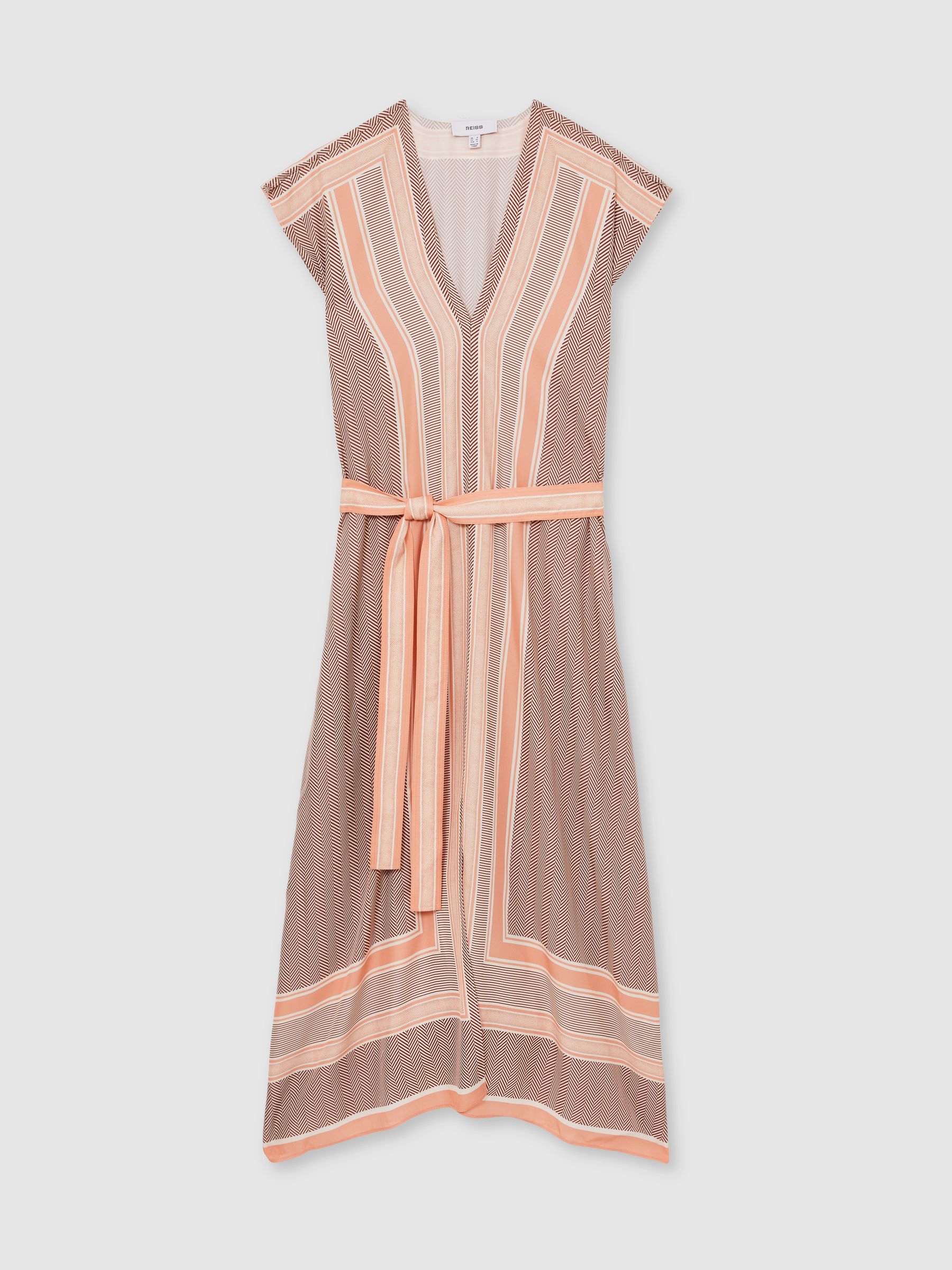 Scarf Print Belted Midi Dress in Coral