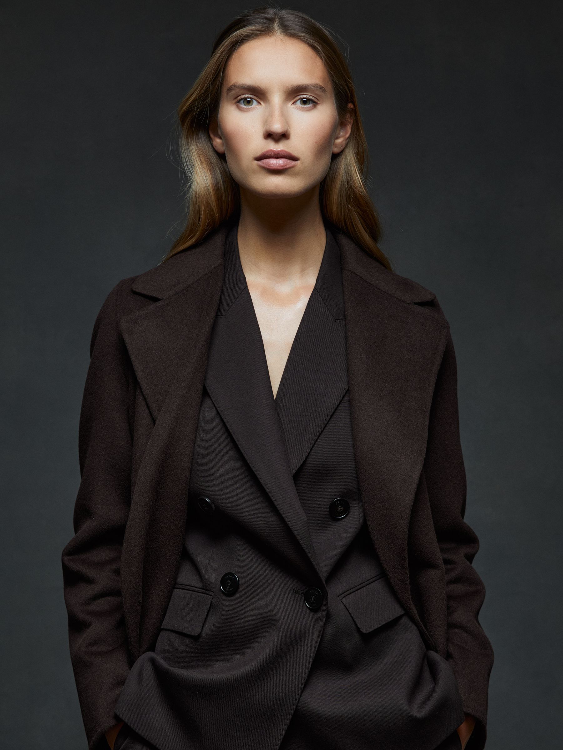 Wool Blend Double Breasted Blindseam Coat in Chocolate