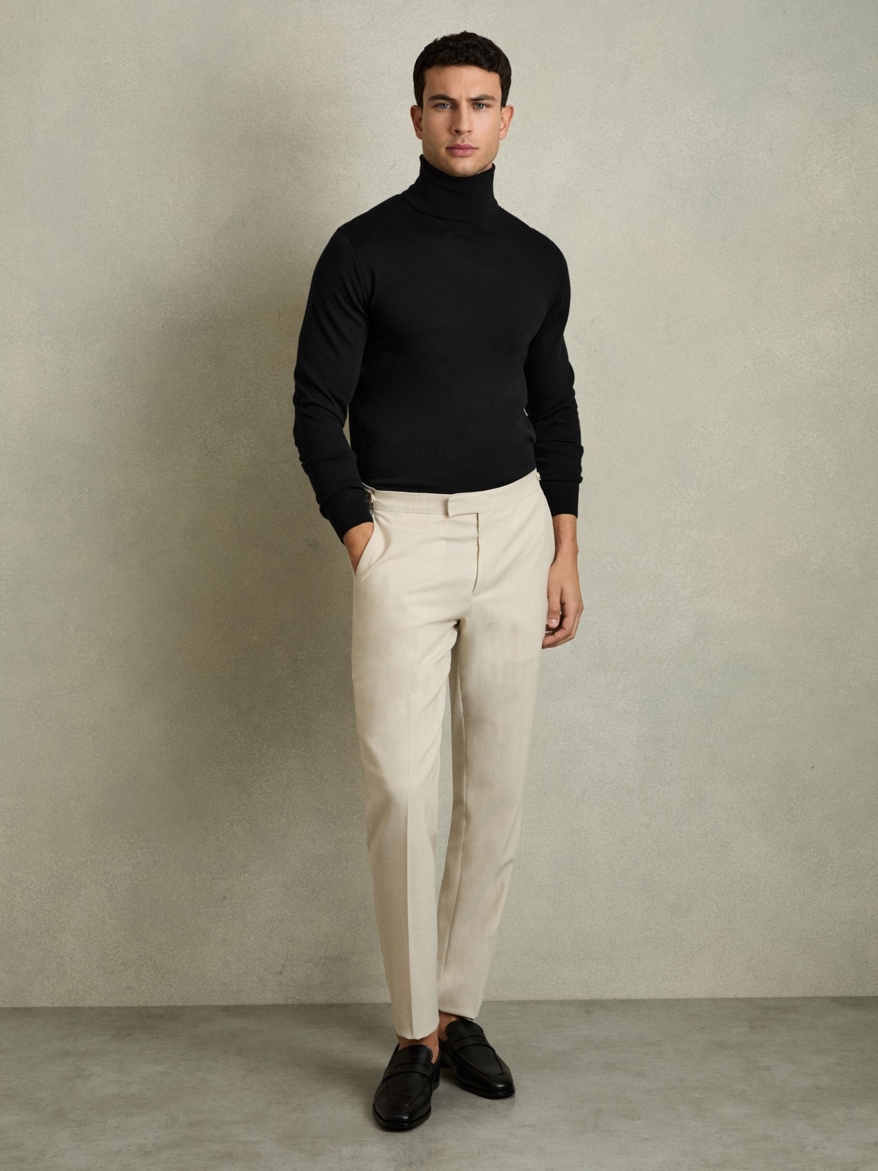 Slim Fit Merino Wool Roll Neck Jumper in Black