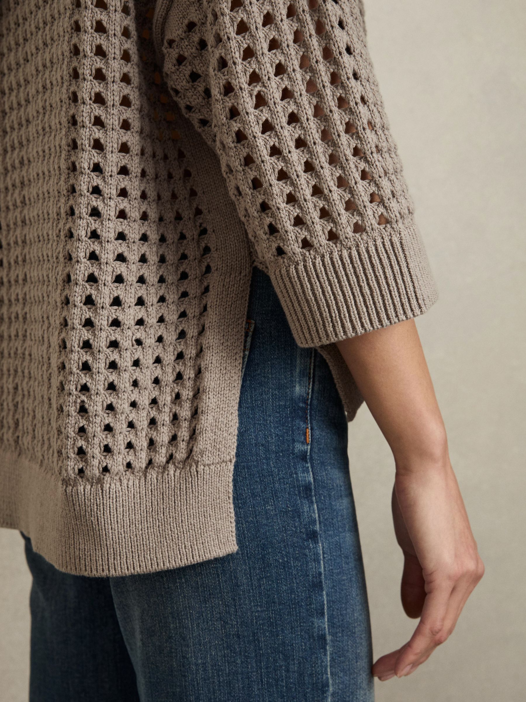 Cotton Crochet Collared Jumper in Stone