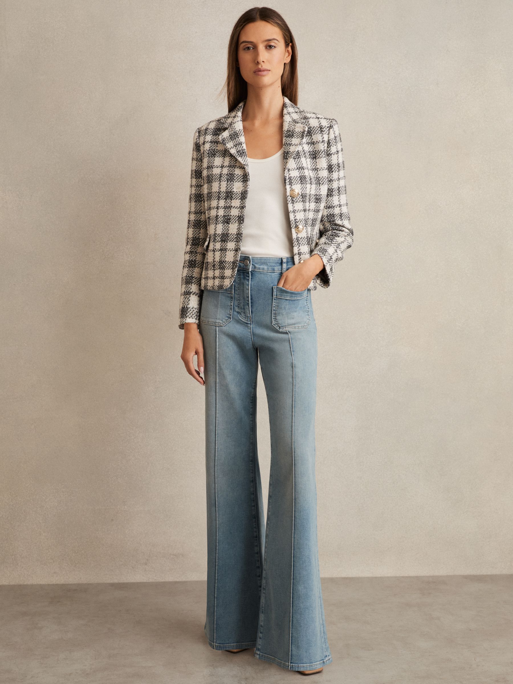 Cotton Blend Check Cropped Jacket in Grey Check