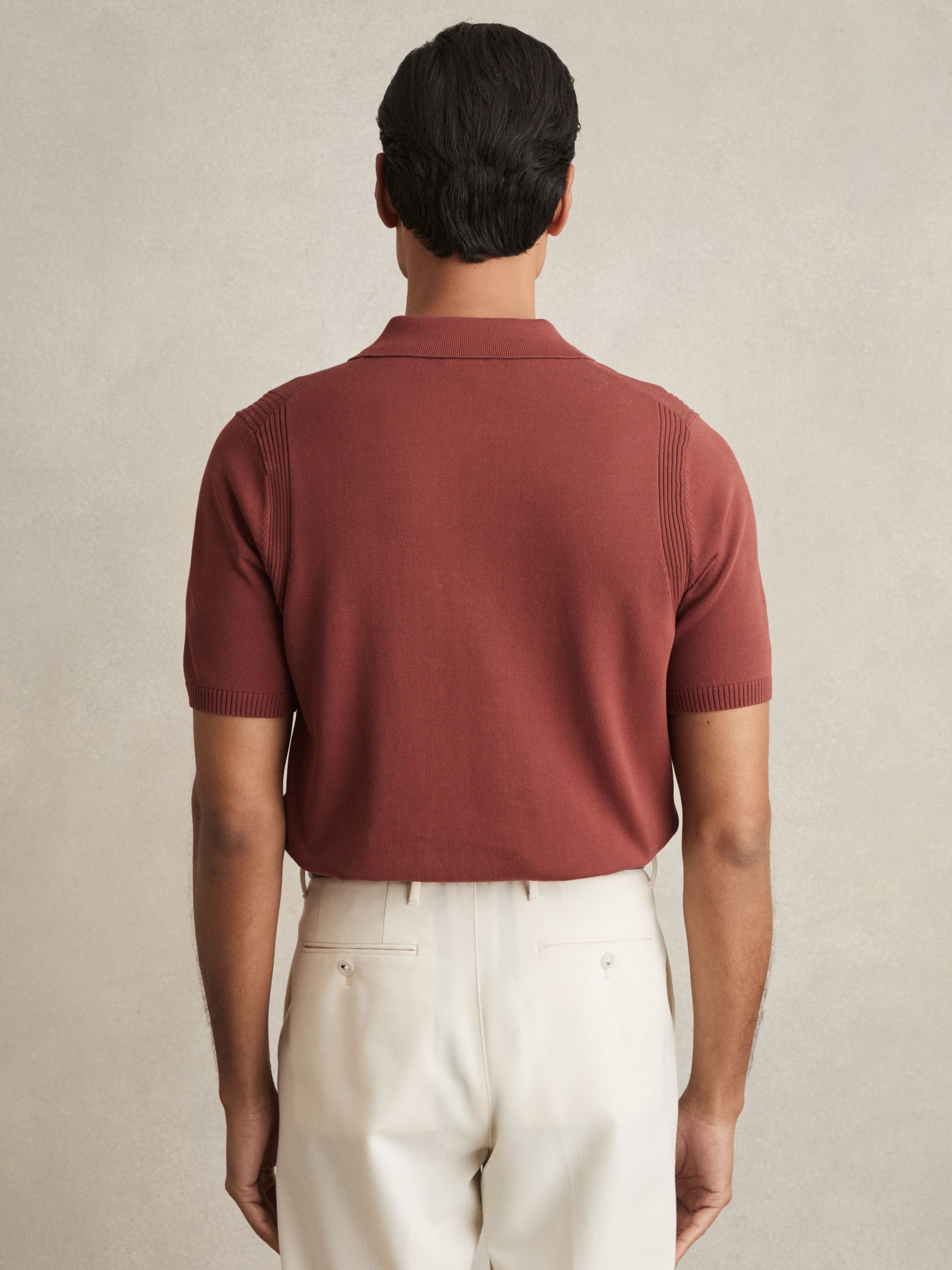 Cotton Half-Zip Knitted Polo Shirt in Rust