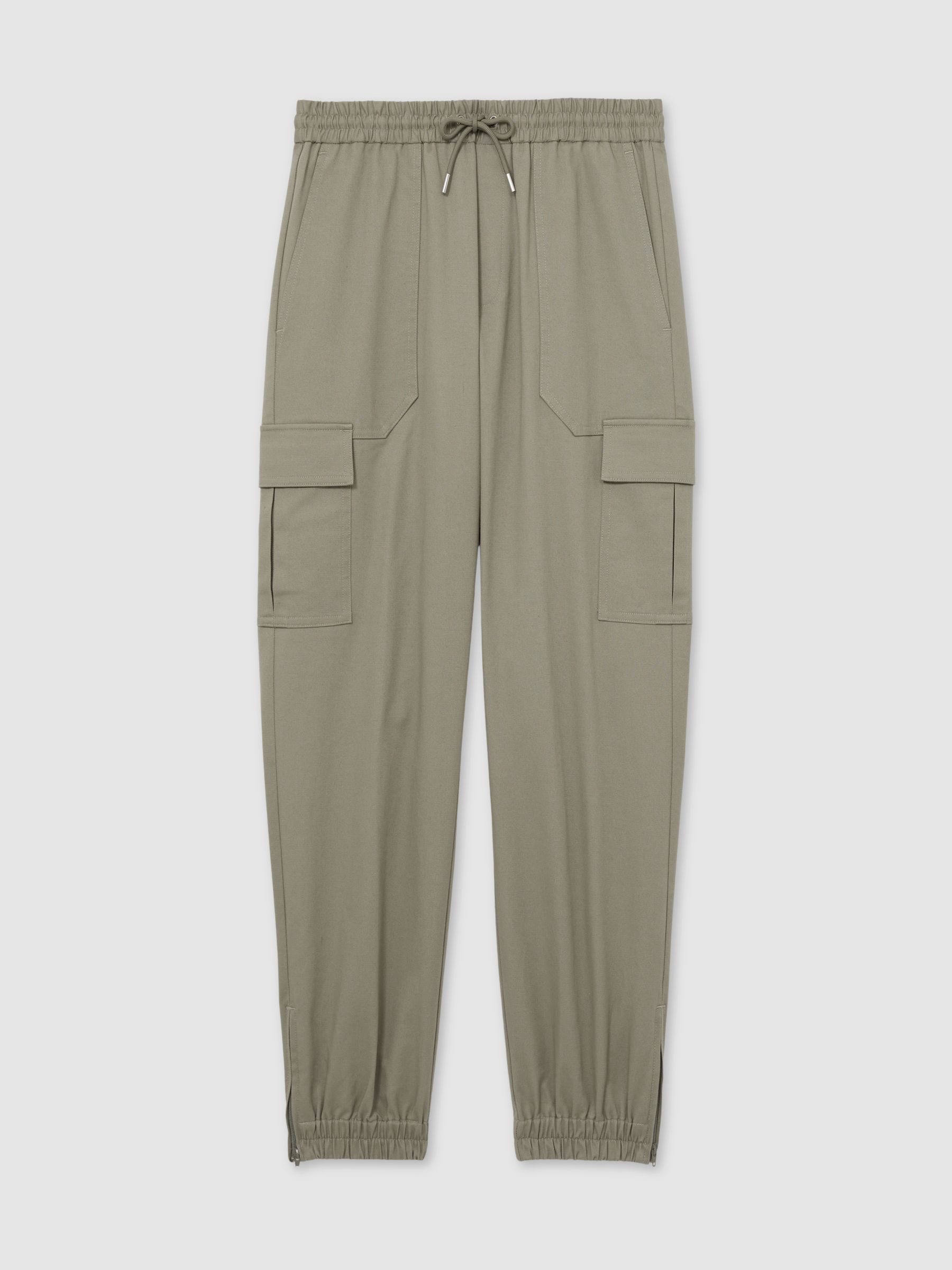 Cotton Drawstring Cargo Trousers in Washed Khaki Green
