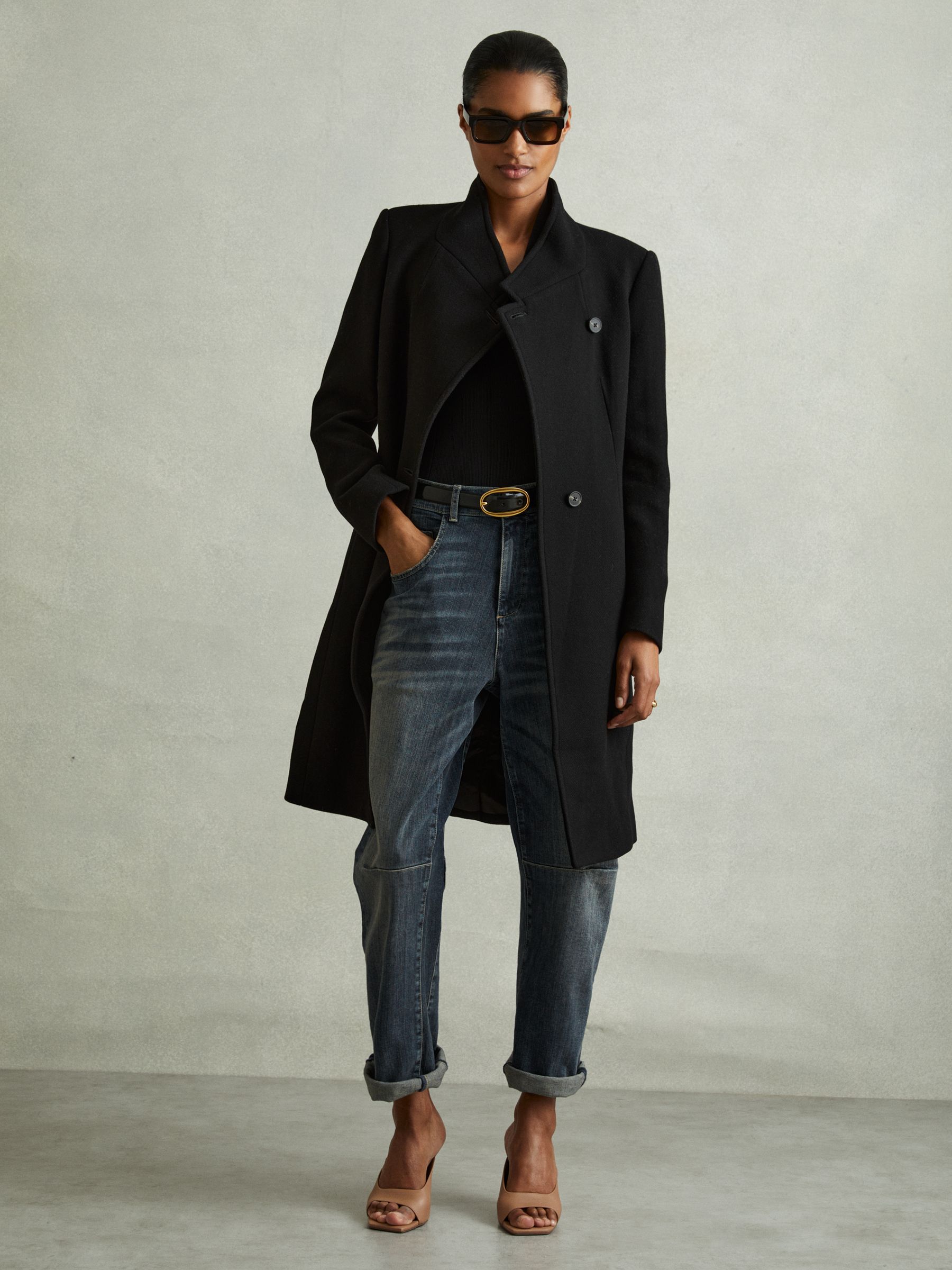 Wool-Blend Longline Double-Breasted Coat in Black