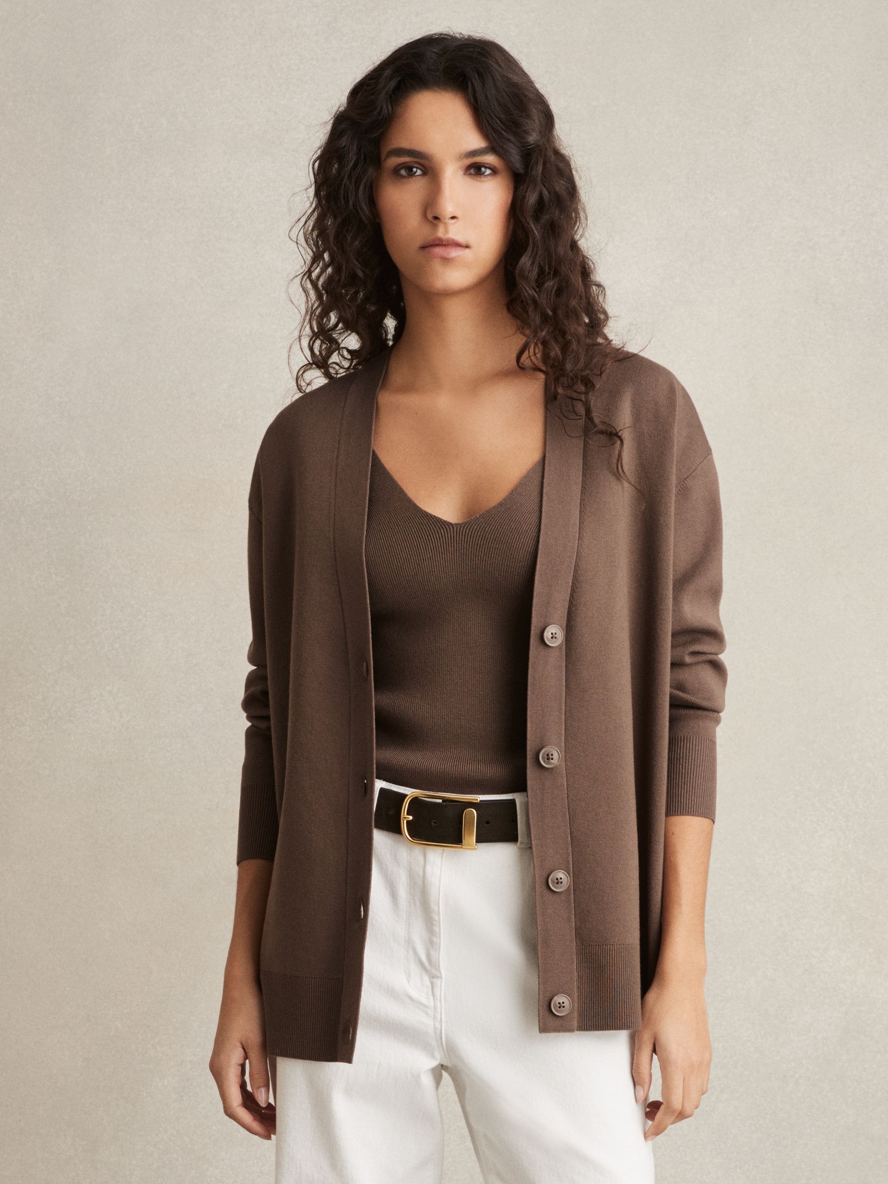 Lyocell Blend V-Neck Cardigan in Mink