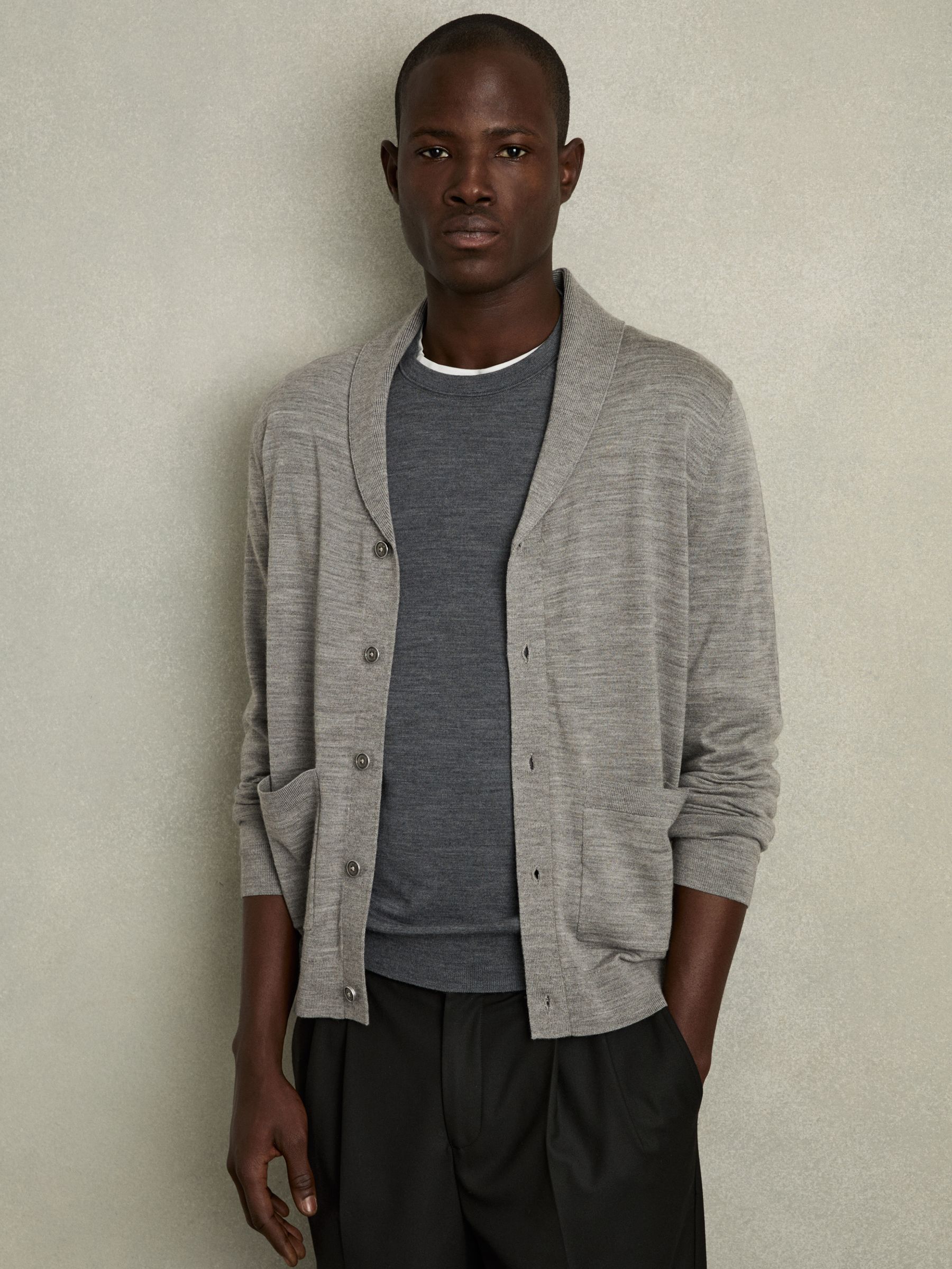 Merino Wool Shawl-Collar Cardigan in Warm Grey Melange