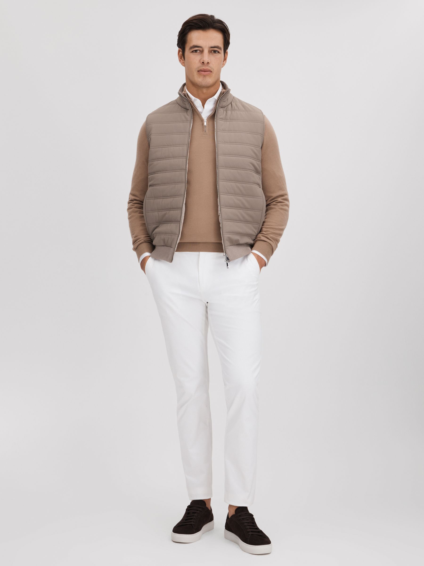 Hybrid Quilt and Knit Zip-Through Gilet in Mink