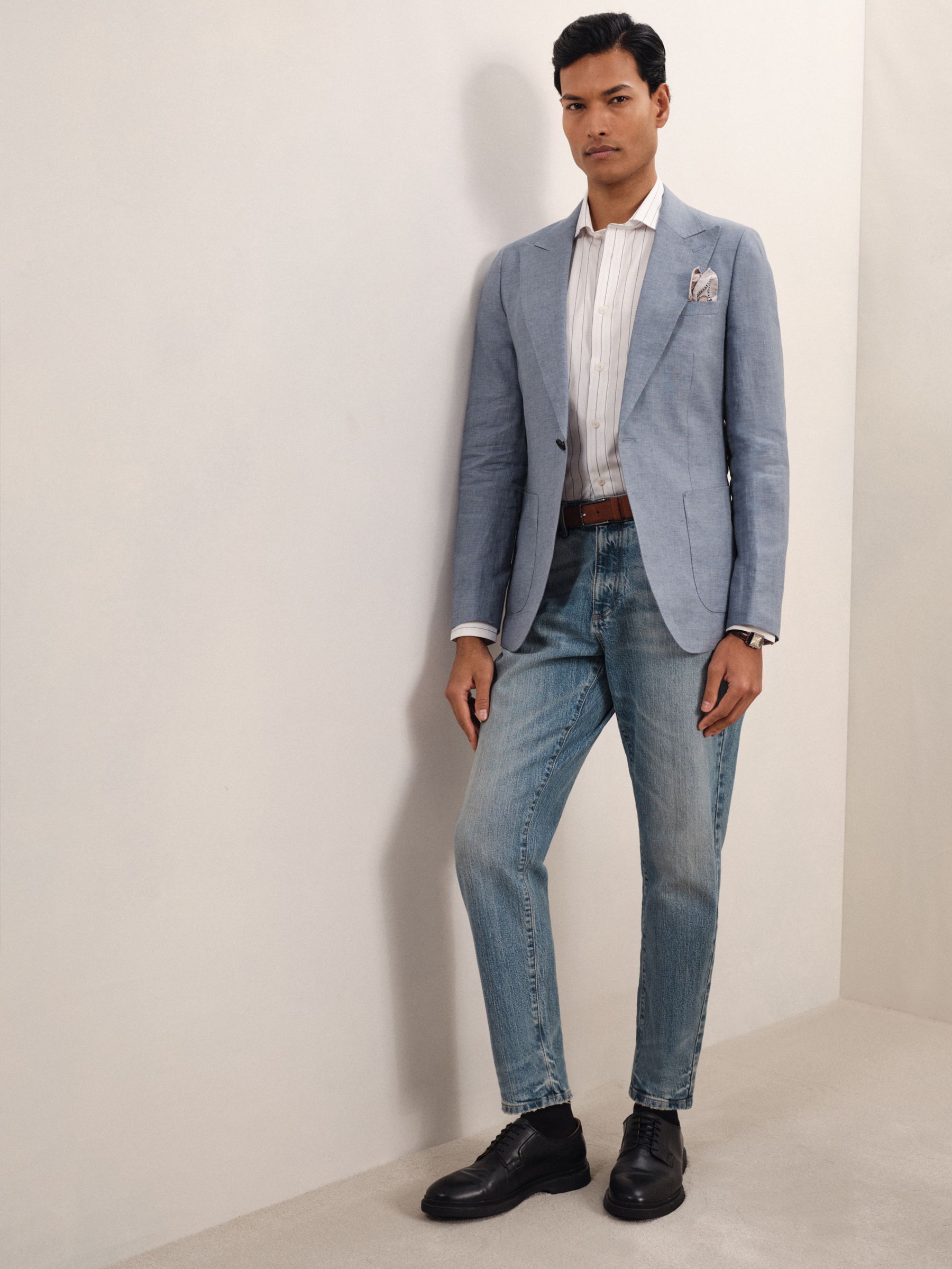 Linen Single-Breasted Suit Blazer Slim-Fit in Airforce Blue