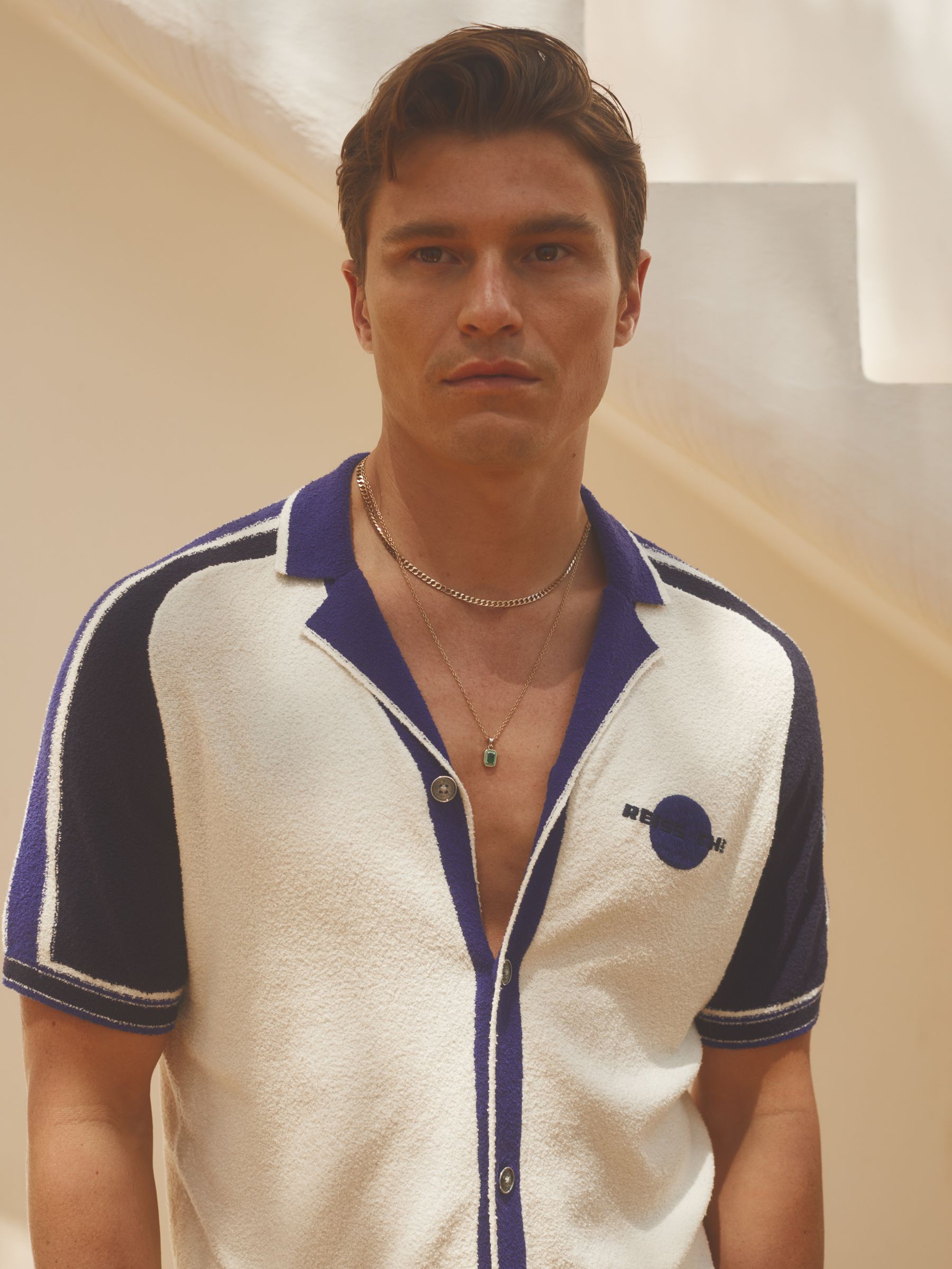 Reiss | Ché Towelling Cuban Collar Shirt in White/Blue