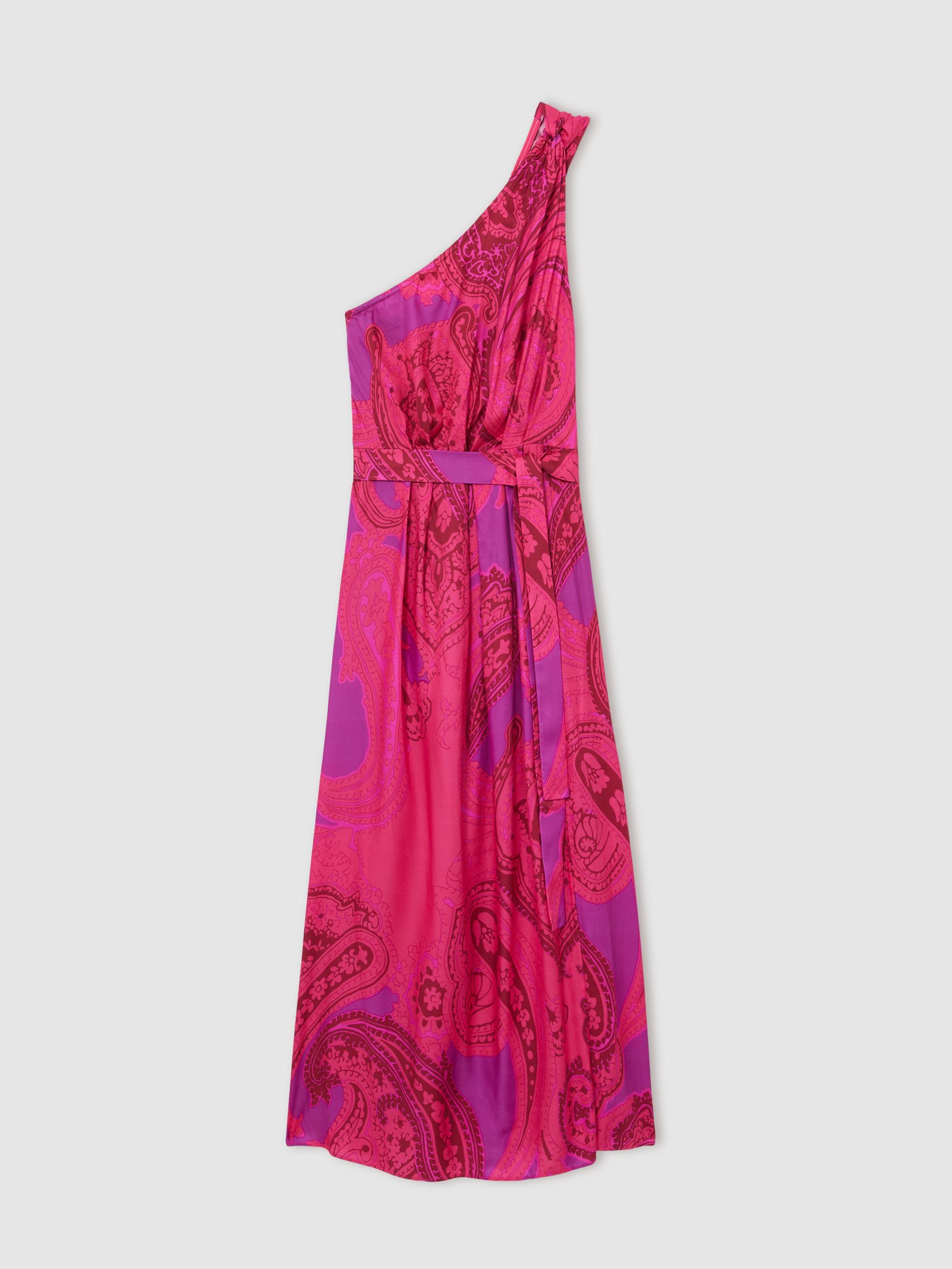 Paisley-Print One-Shoulder Midi Dress in Pink