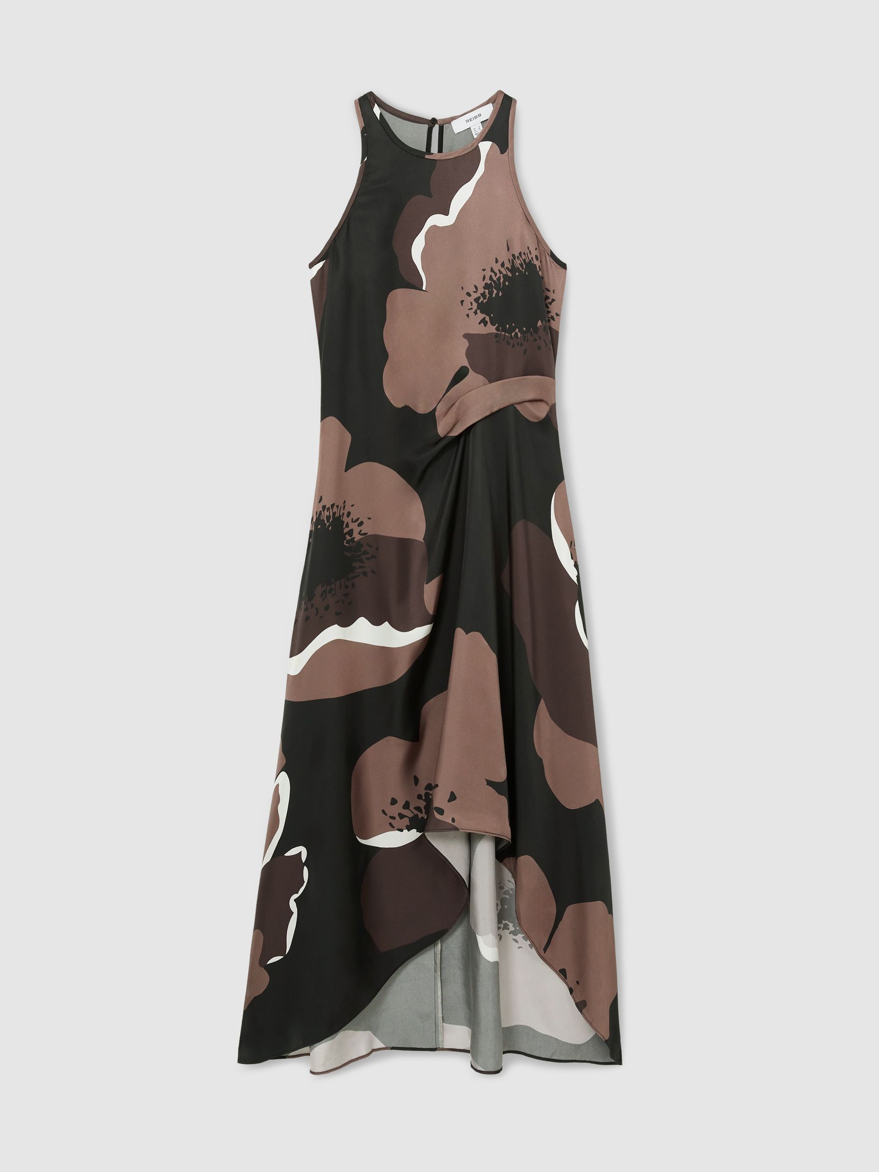 Petite Satin Floral Tuck Midi Dress in Brown