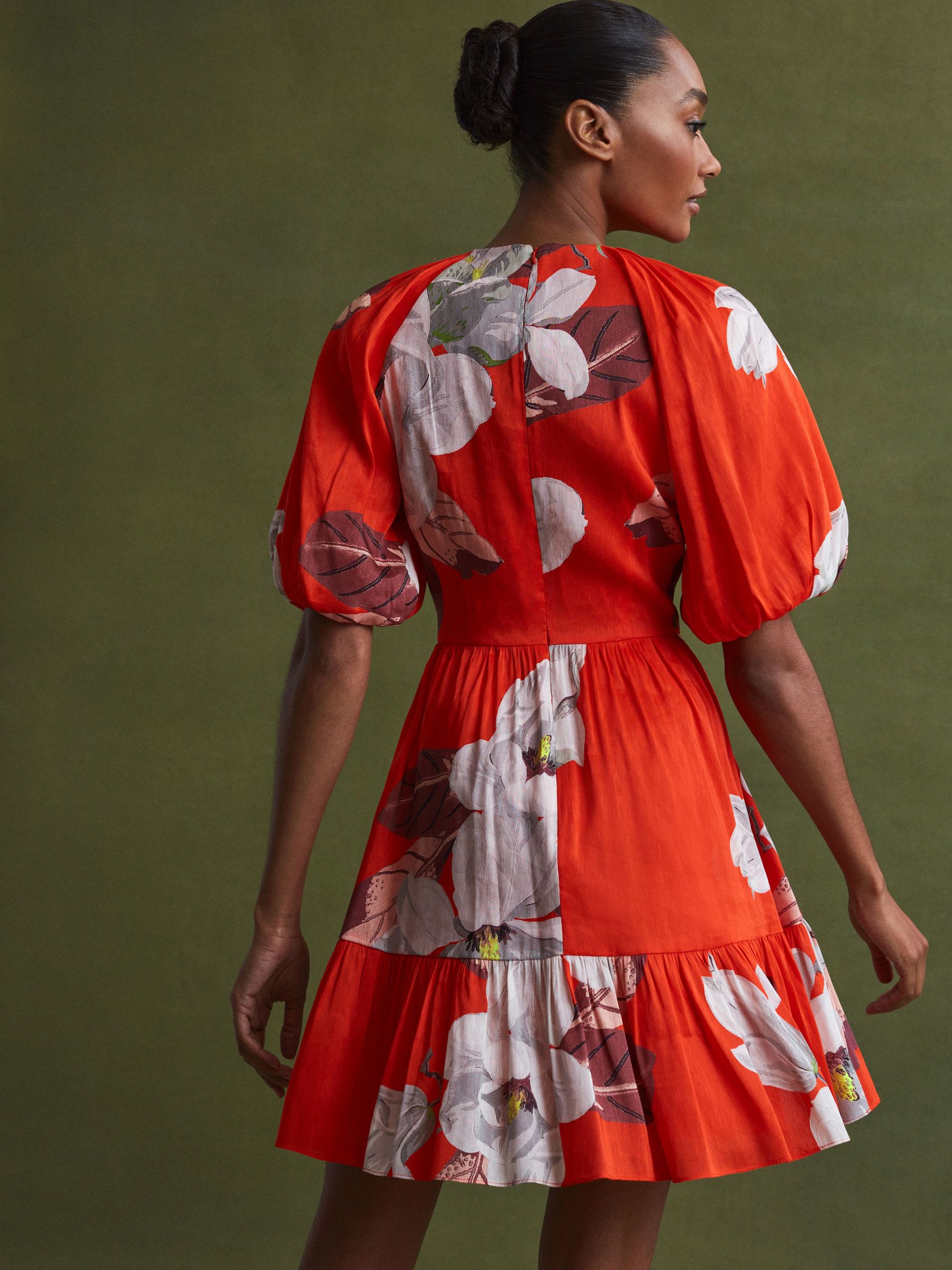 Florere Linen Silk Puff Sleeve Mini Dress in Orange