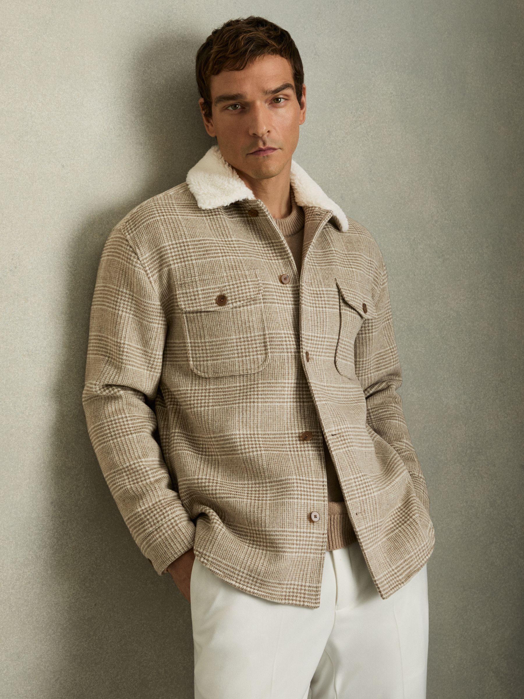 Wool-Blend Borg-Collar Check Overshirt in Oatmeal
