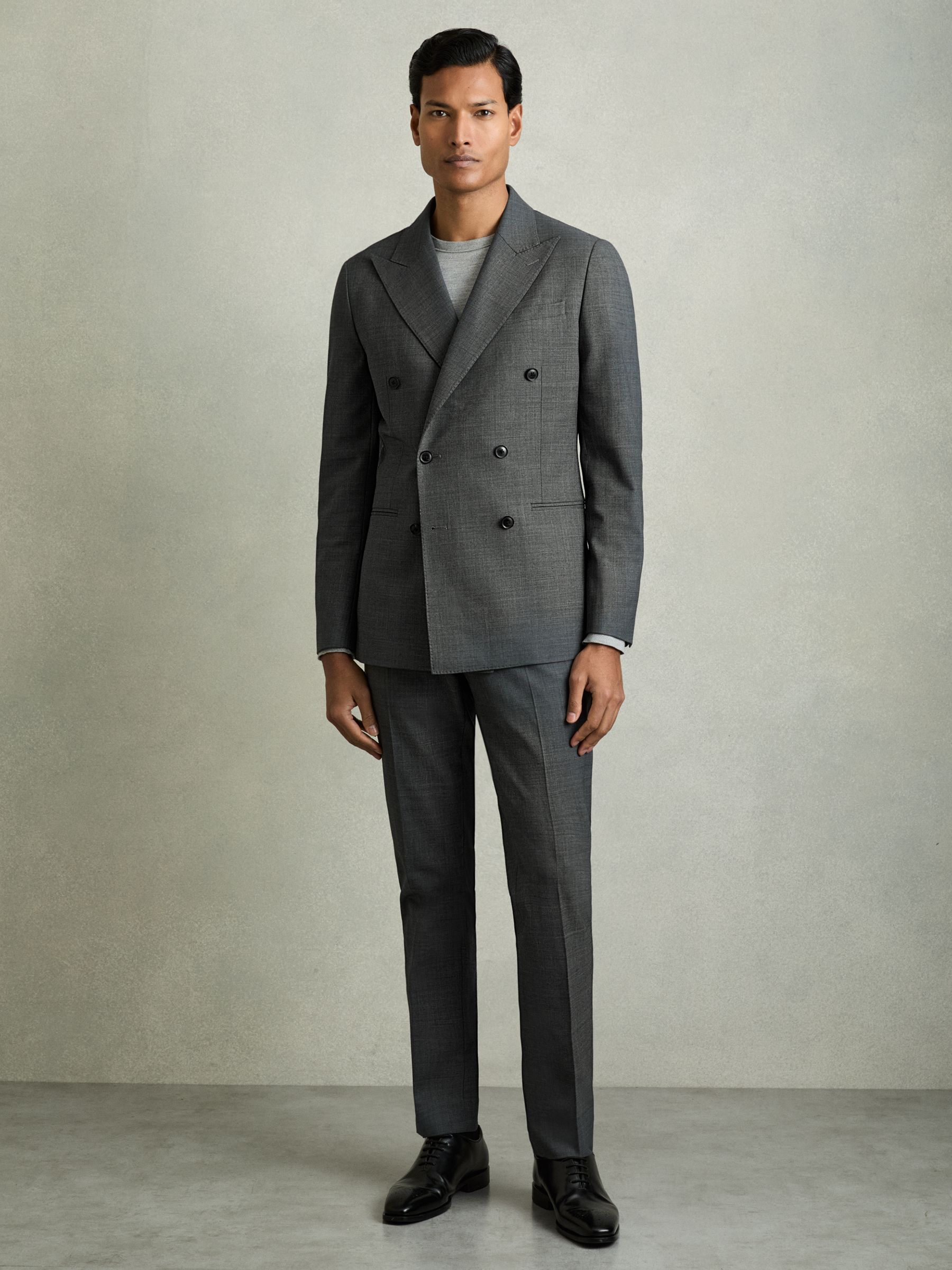 Regular-Fit Double-Breasted Sharkskin Wool-Blend Suit Blazer in Charcoal Grey
