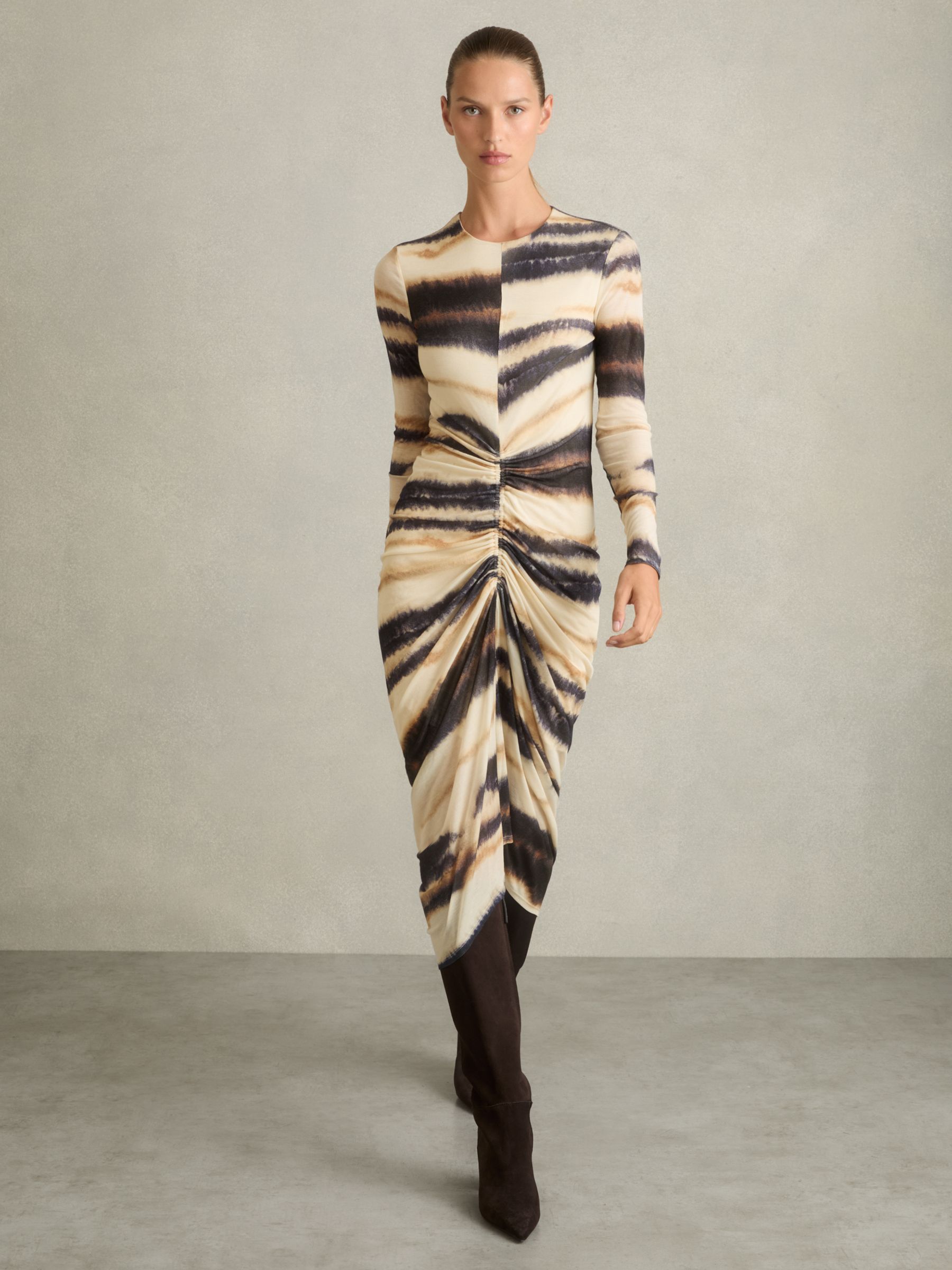 Jersey Ruched Printed Dress With Wool in Neutral/Navy