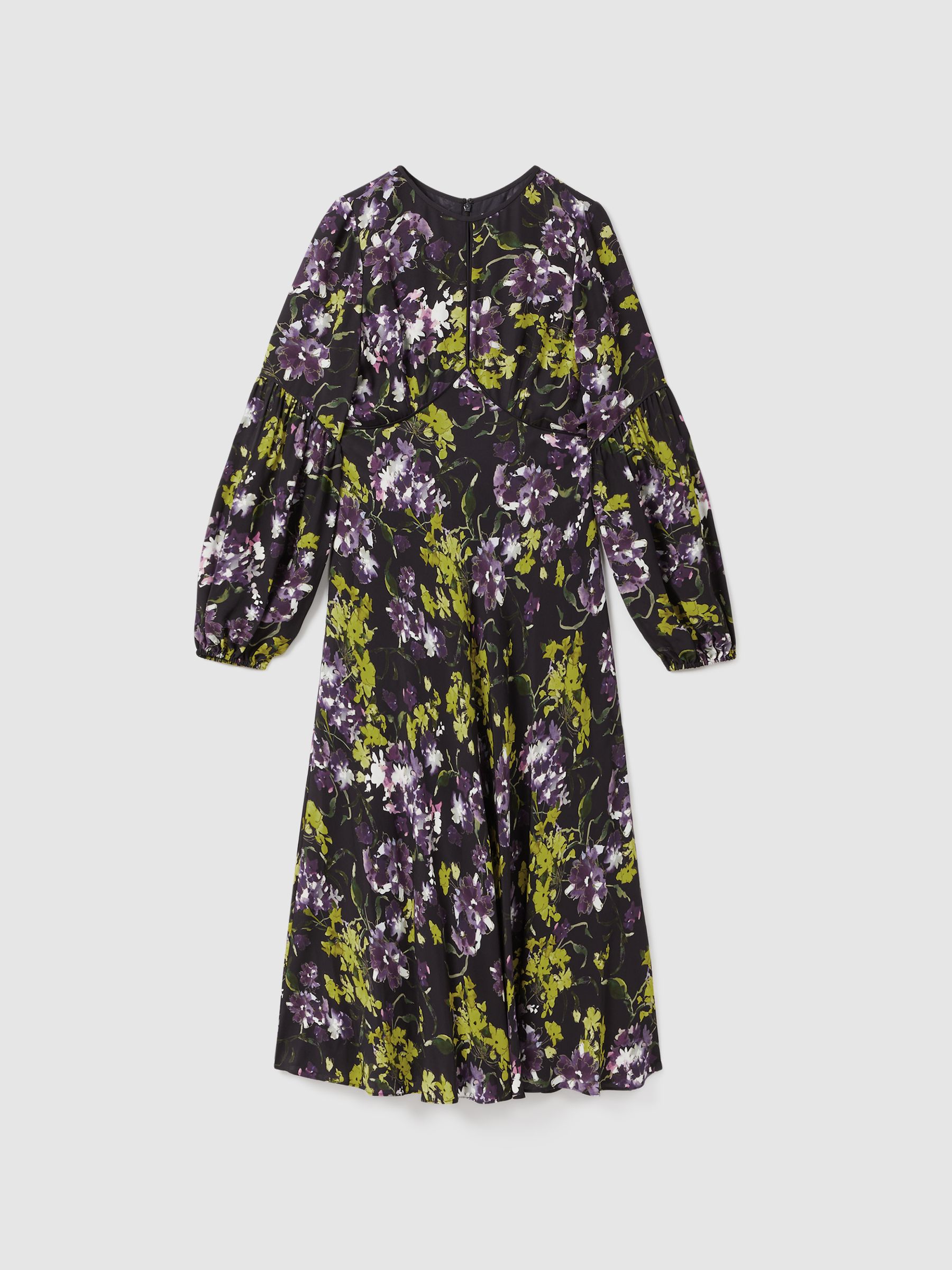 Florere Printed Blouson Sleeve Midi Dress in Dark Purple