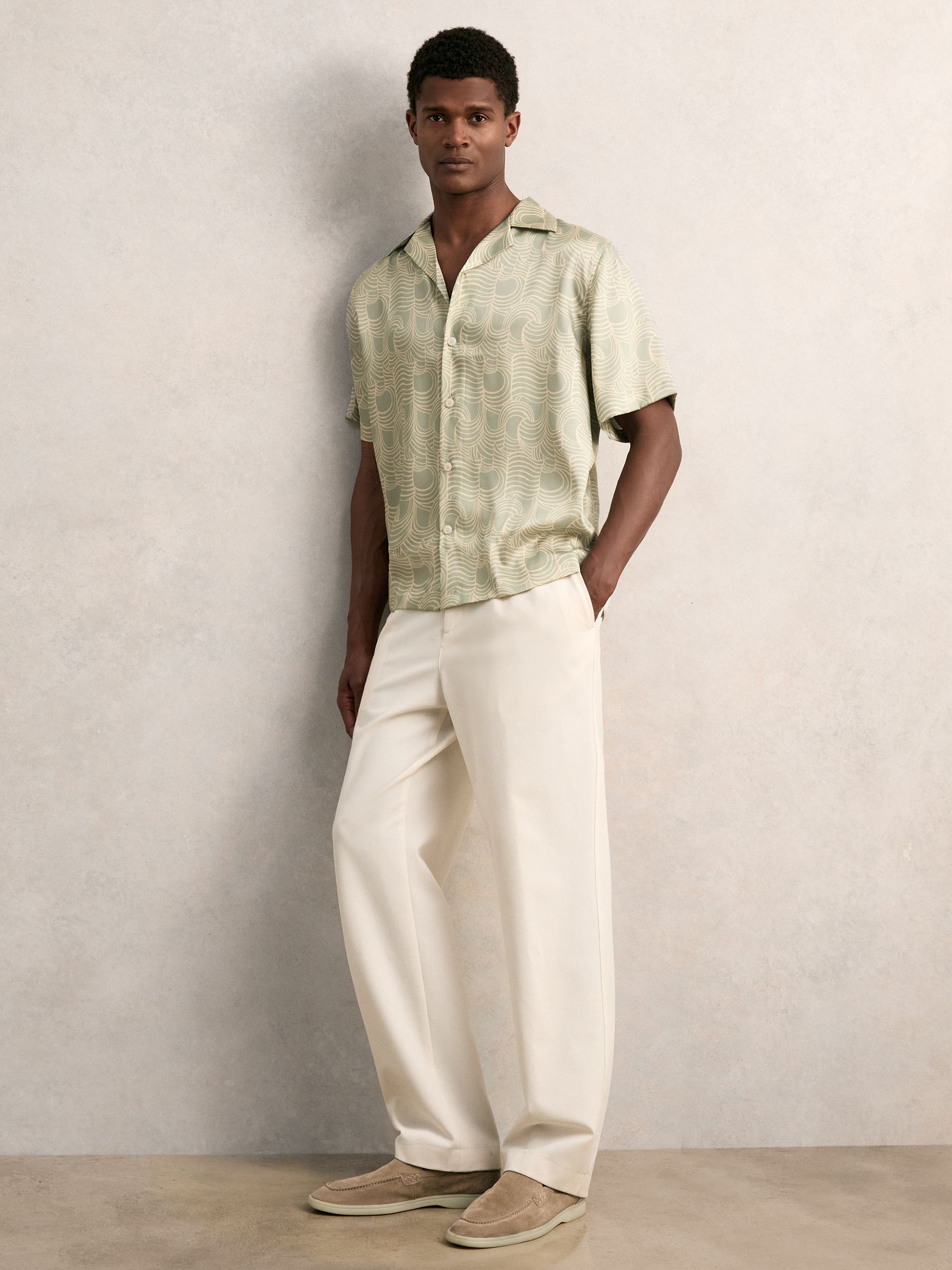 Wave Print Cuban Collar Shirt in Sage Green