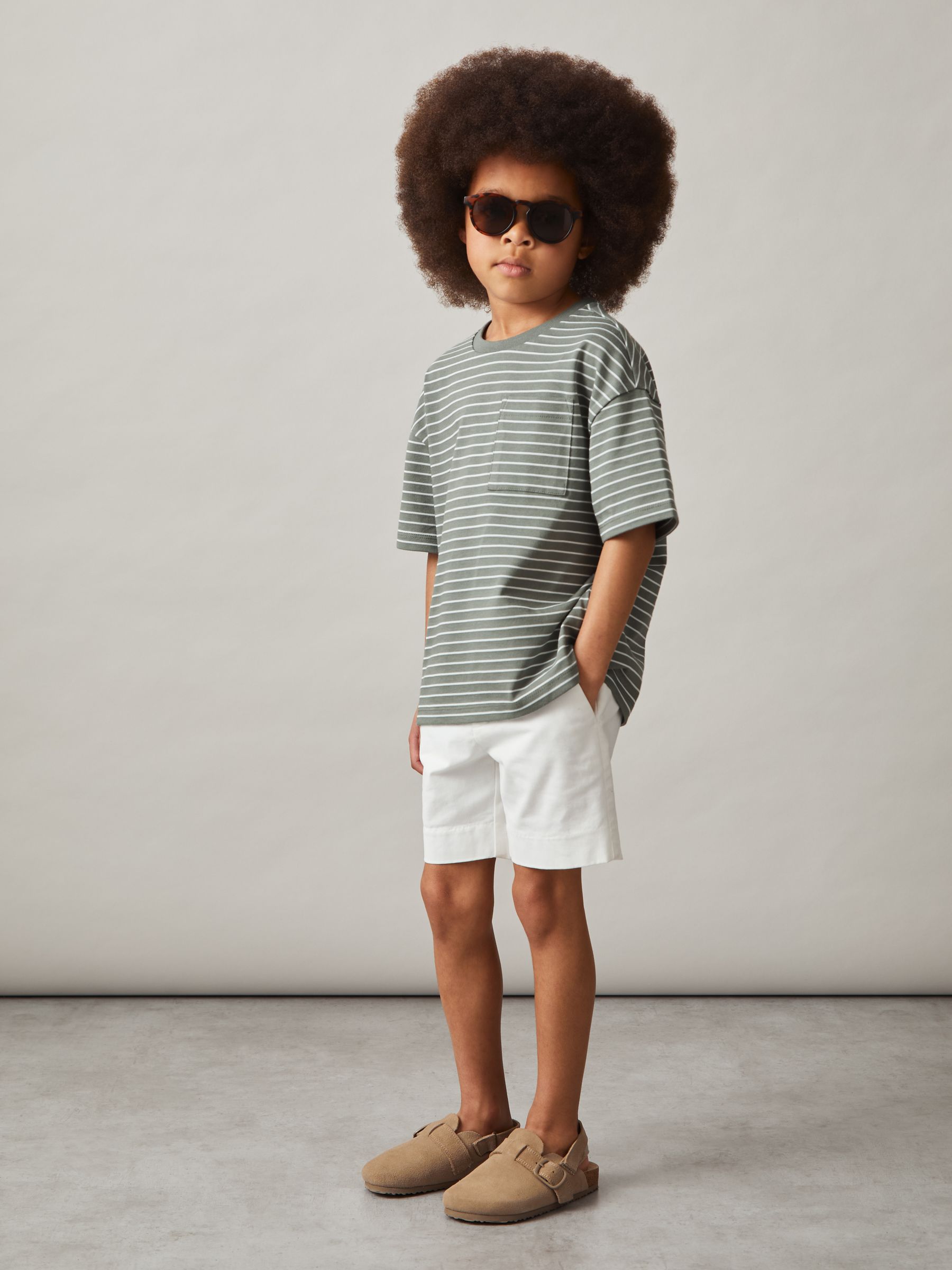 13-14 yrs Cotton-Blend Stripe T-Shirt in Sage/White