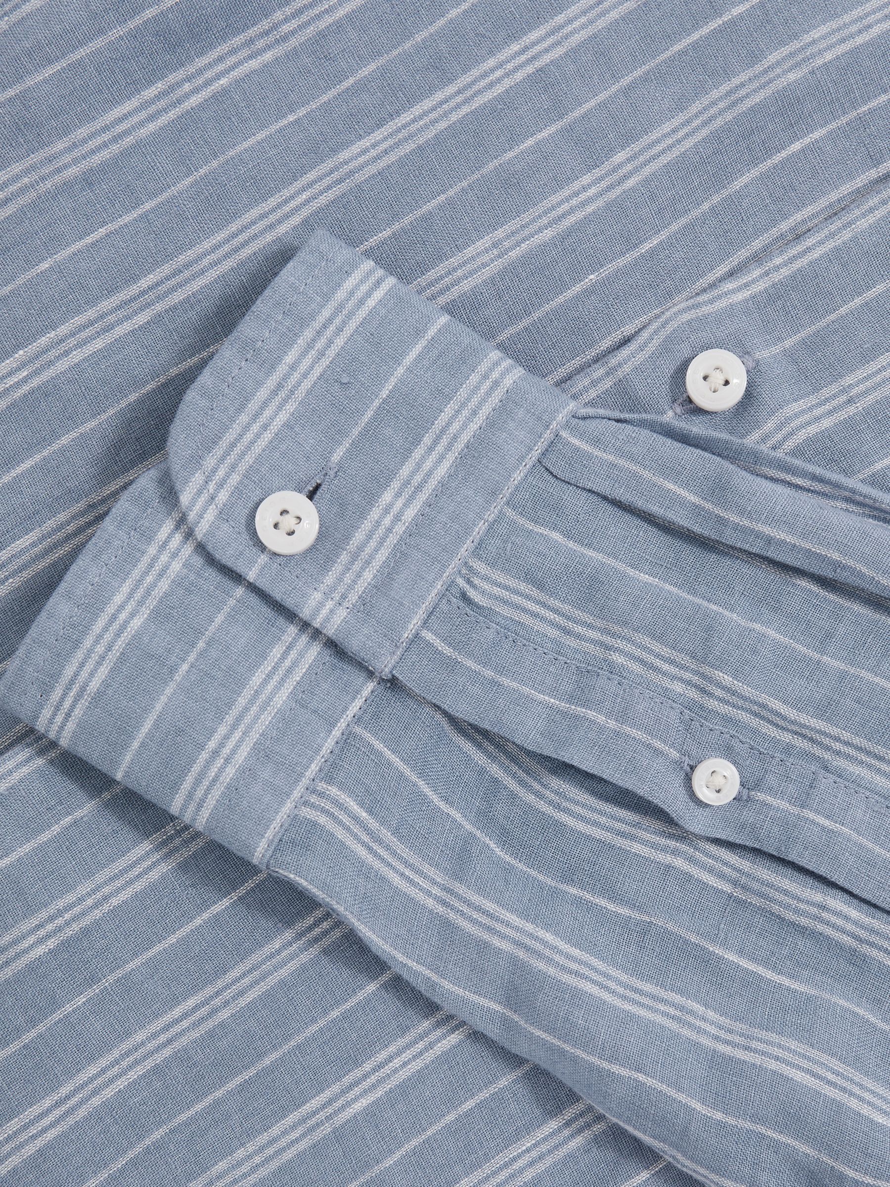 Linen Striped Cutaway-Collar Shirt in Airforce Blue/White