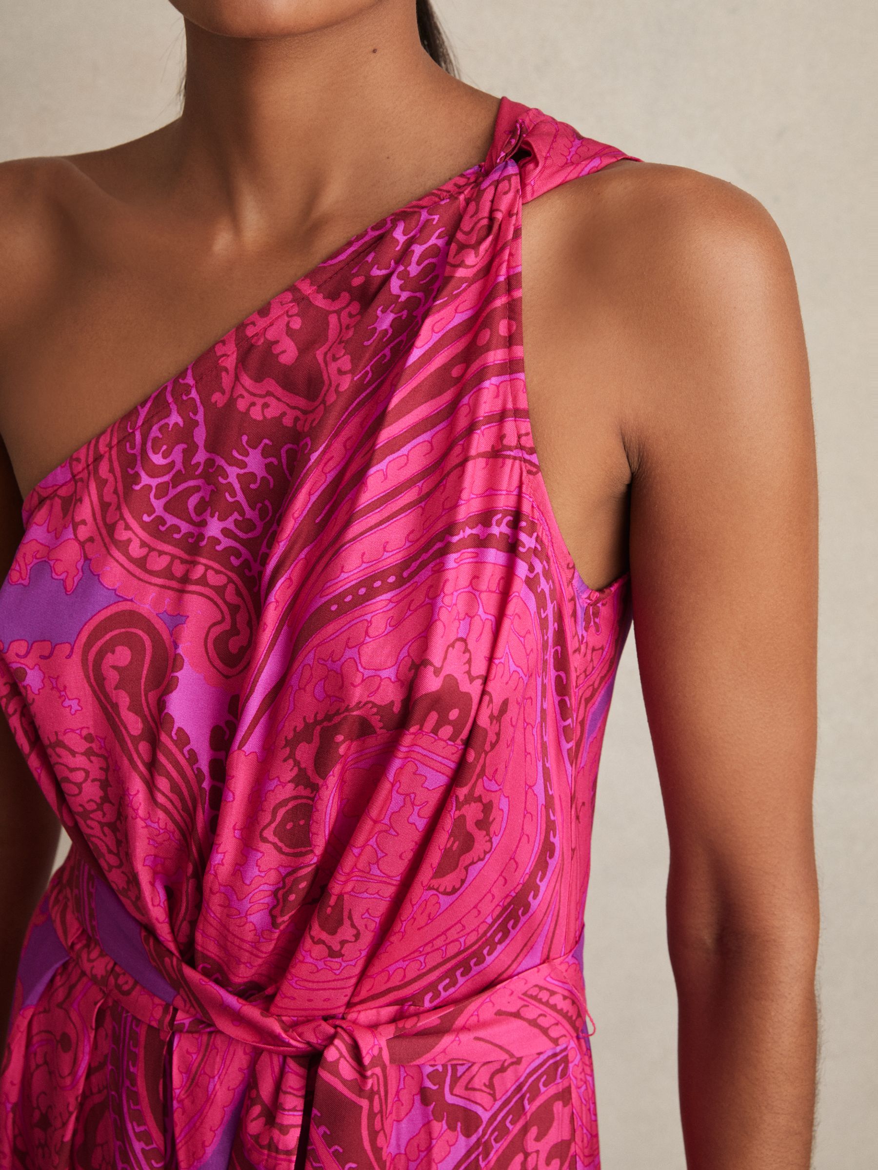 Paisley-Print One-Shoulder Midi Dress in Pink