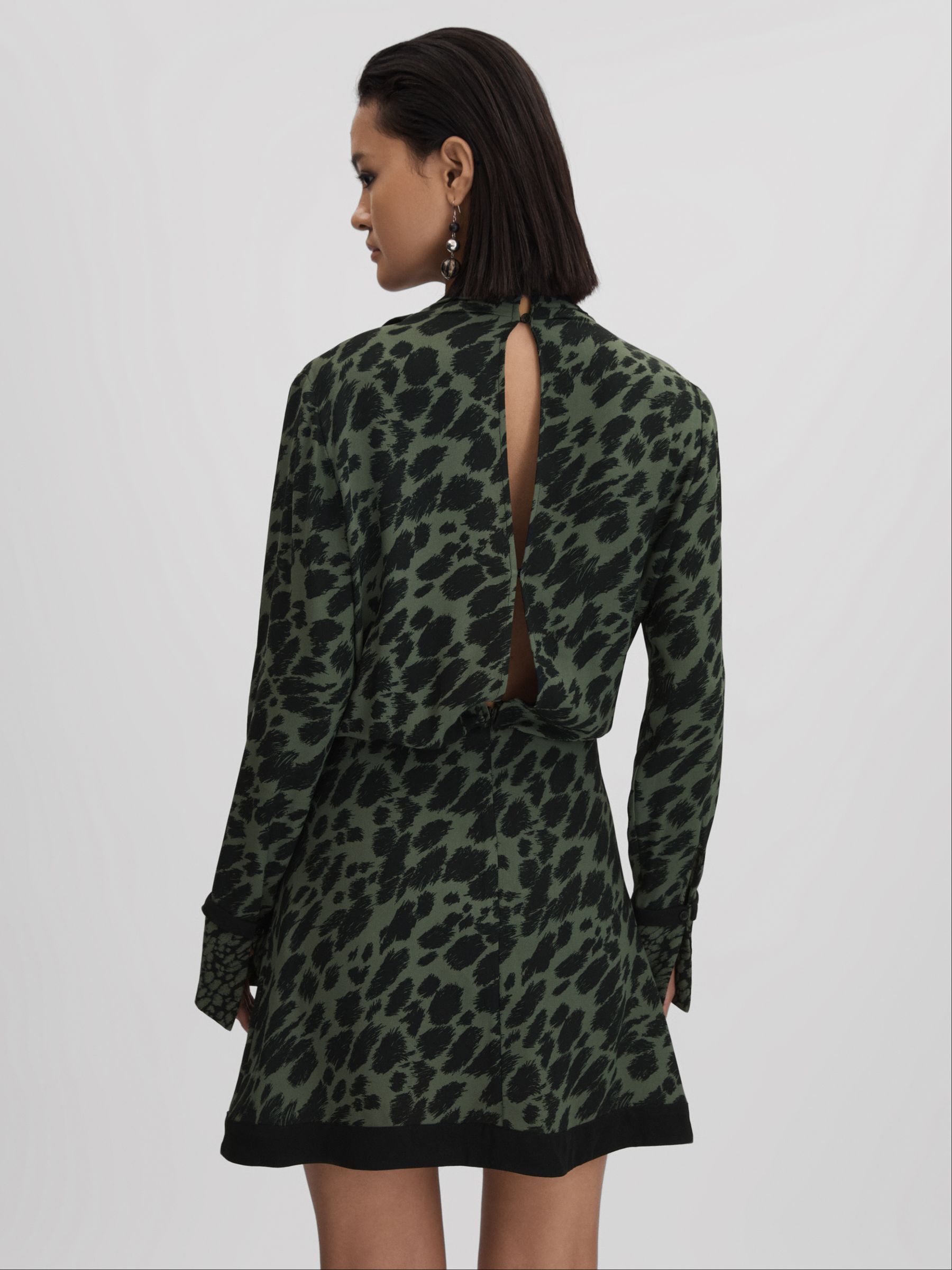 Printed Tie Neck Mini Dress in Black/Dark Khaki