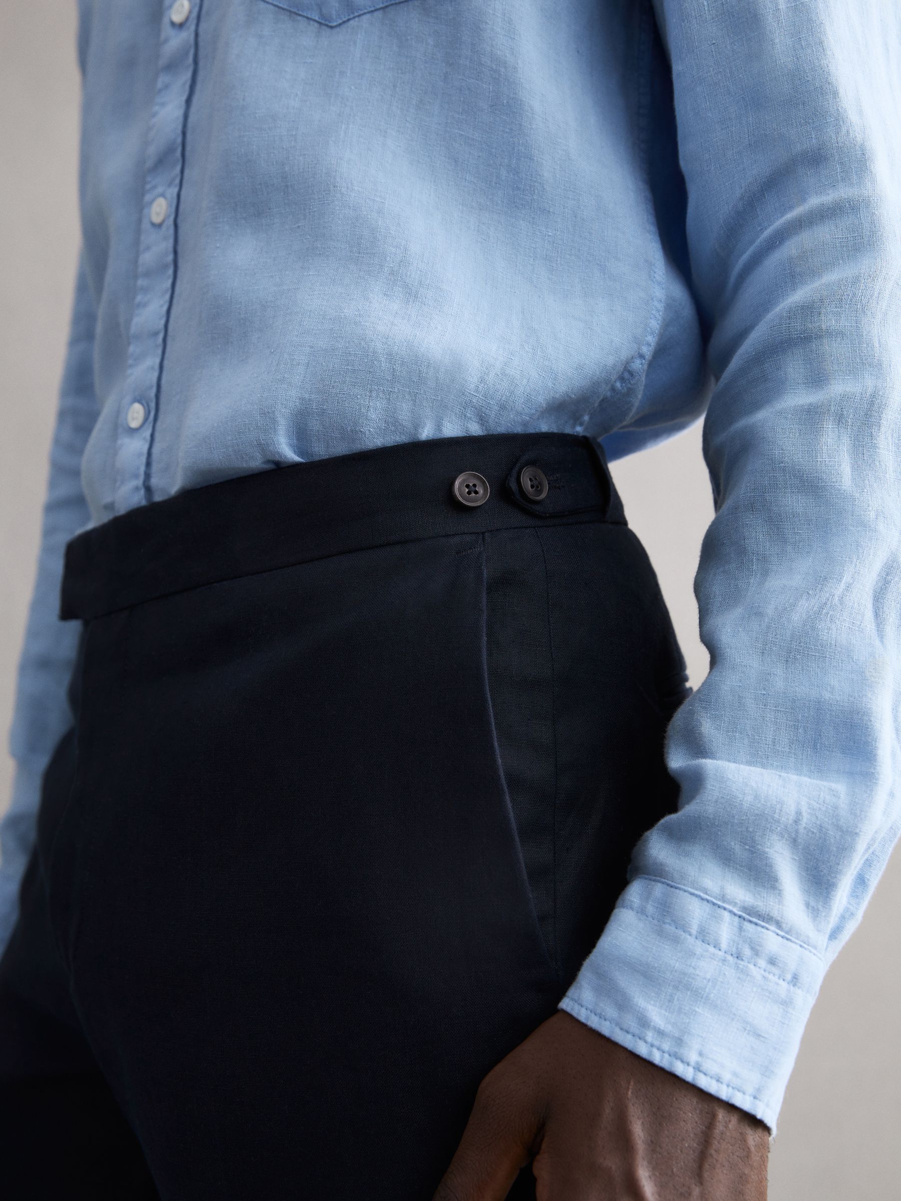 Slim Fit Linen Trousers in Navy