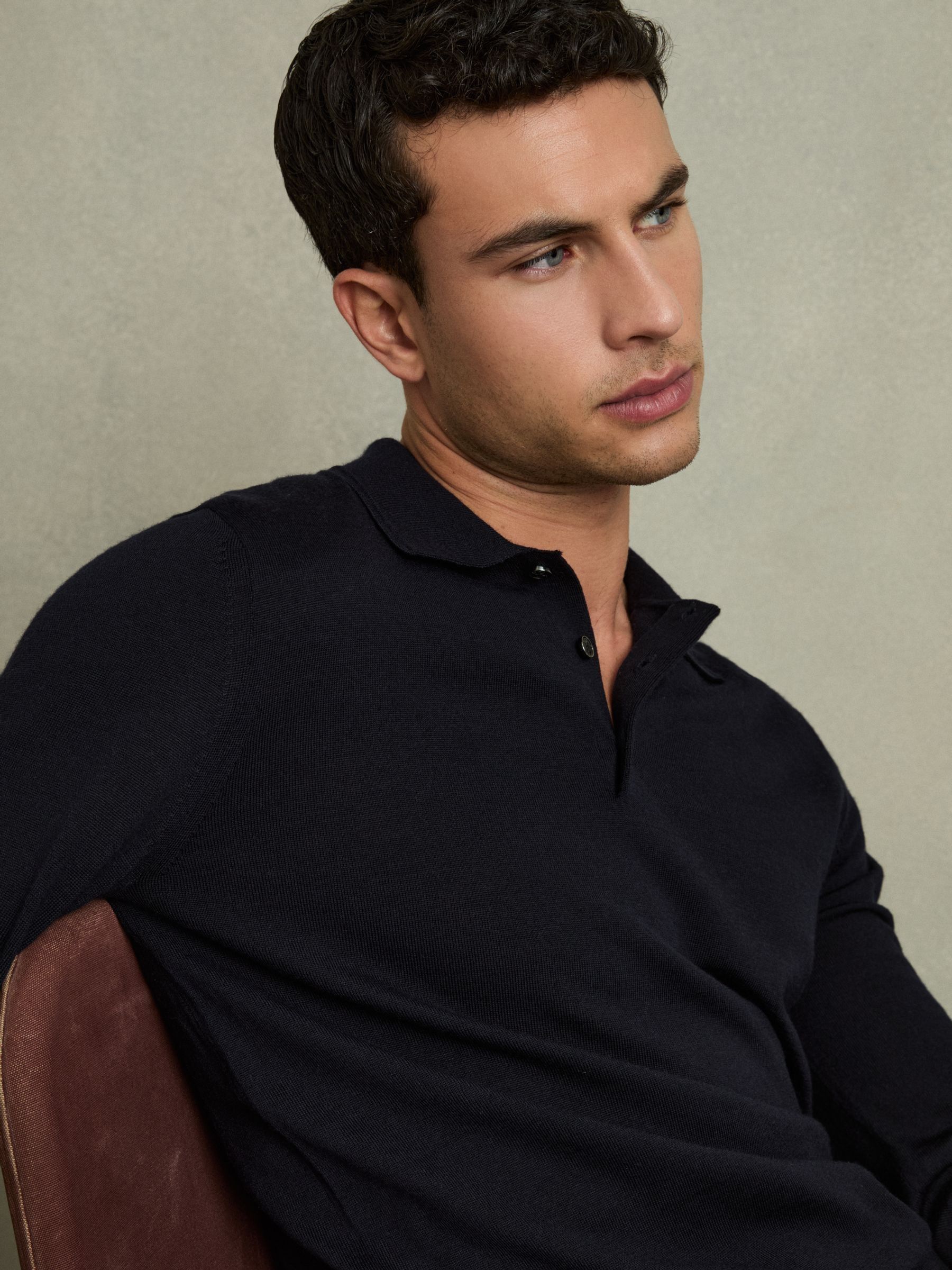 Merino Wool Long-Sleeve Polo Shirt in Navy