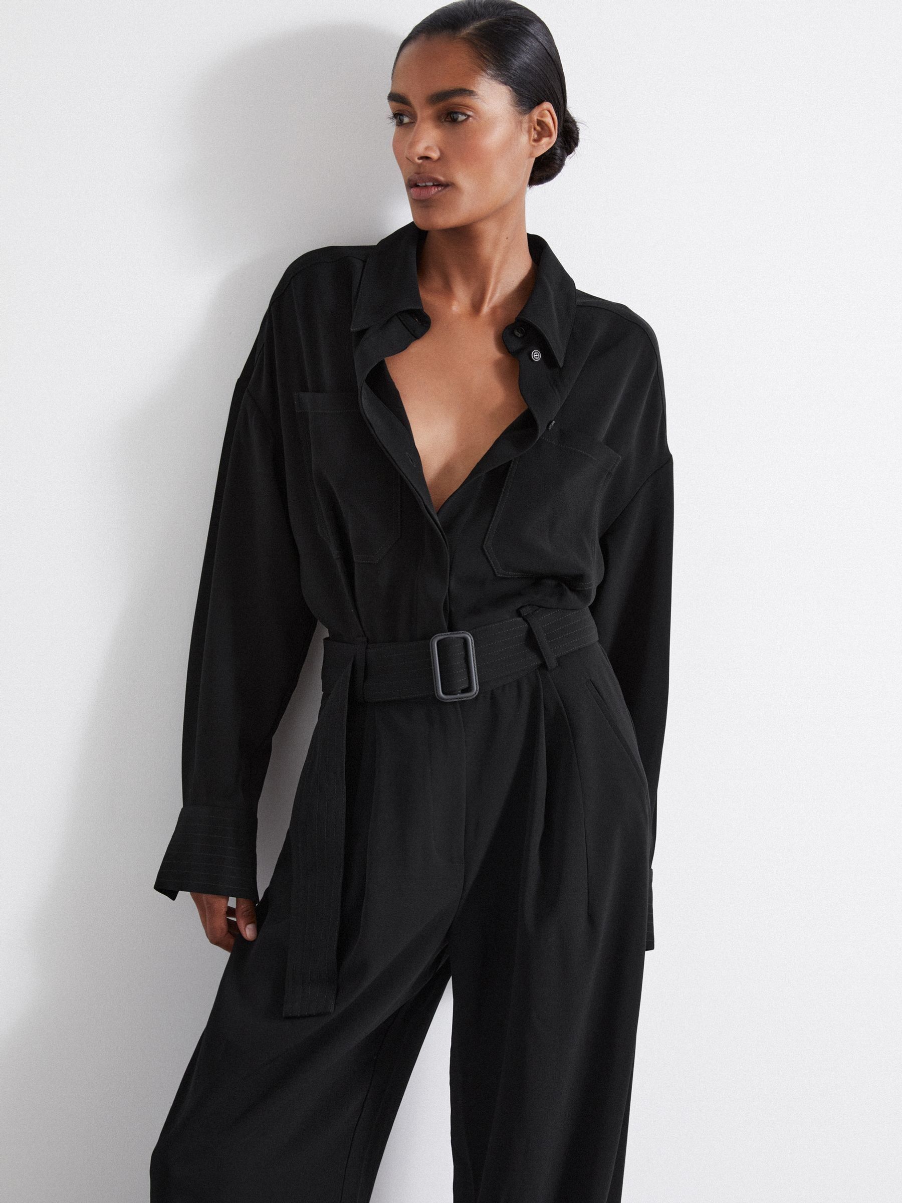 Atelier Belted Crepe Jumpsuit in Black