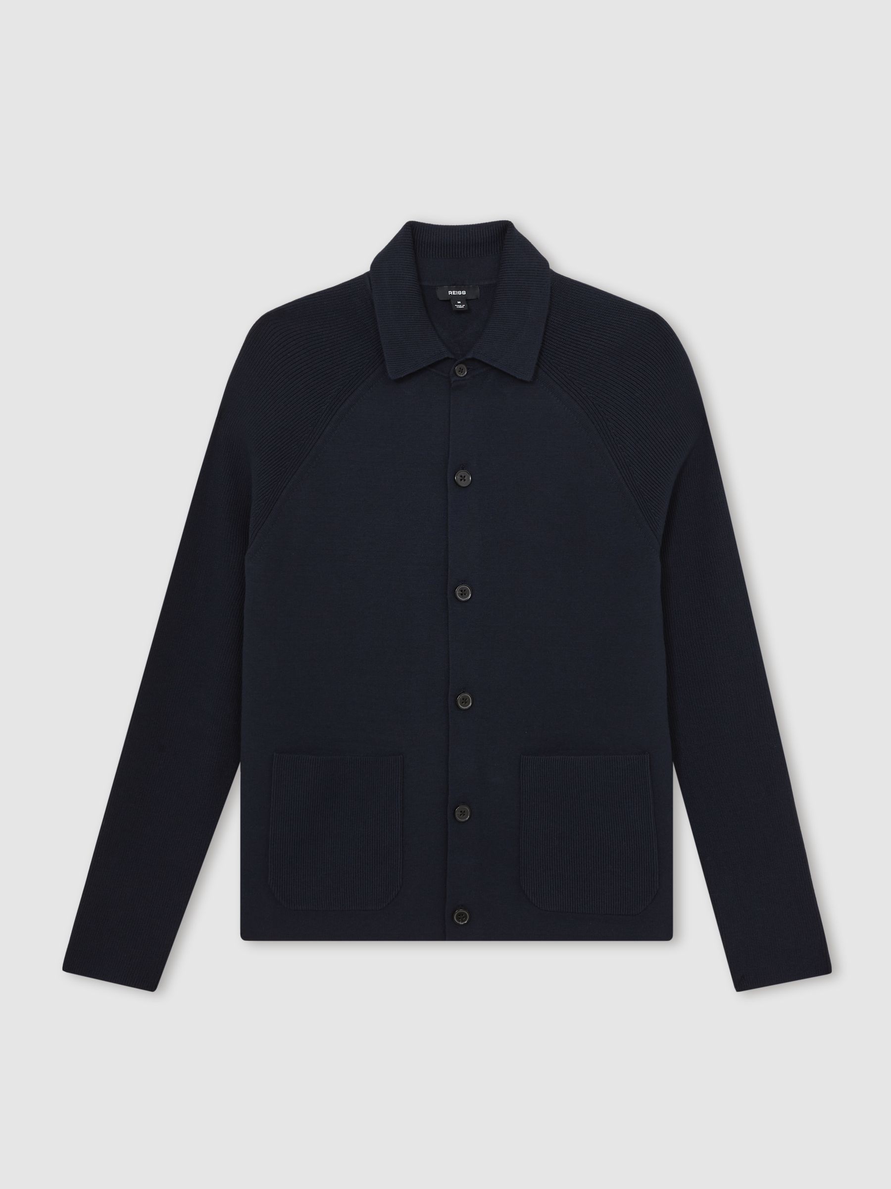 Button-Through Ribbed-Sleeve Shirt in Navy Blue