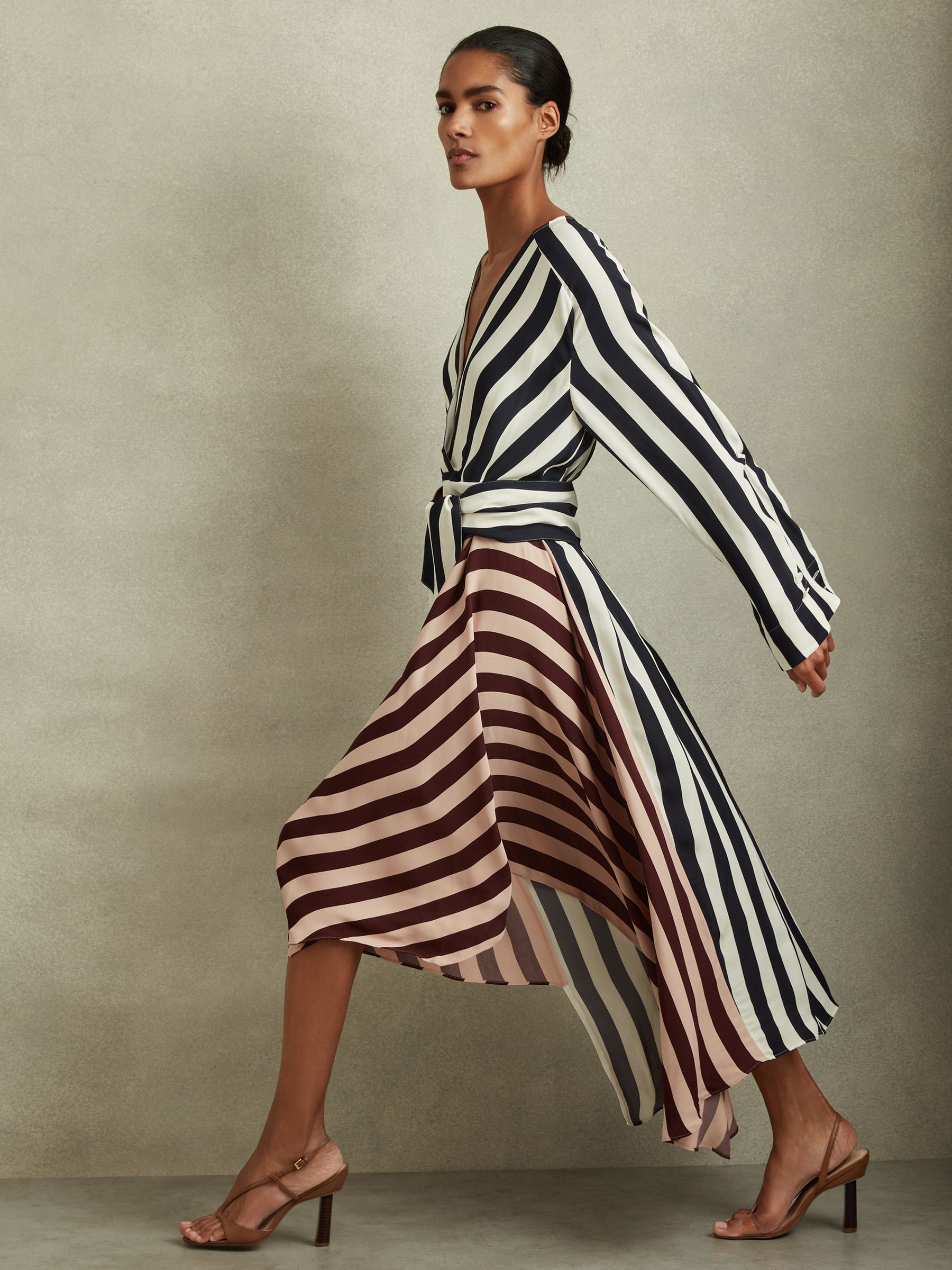 Colourblock Stripe Asymmetric Midi Dress in Navy/Off White